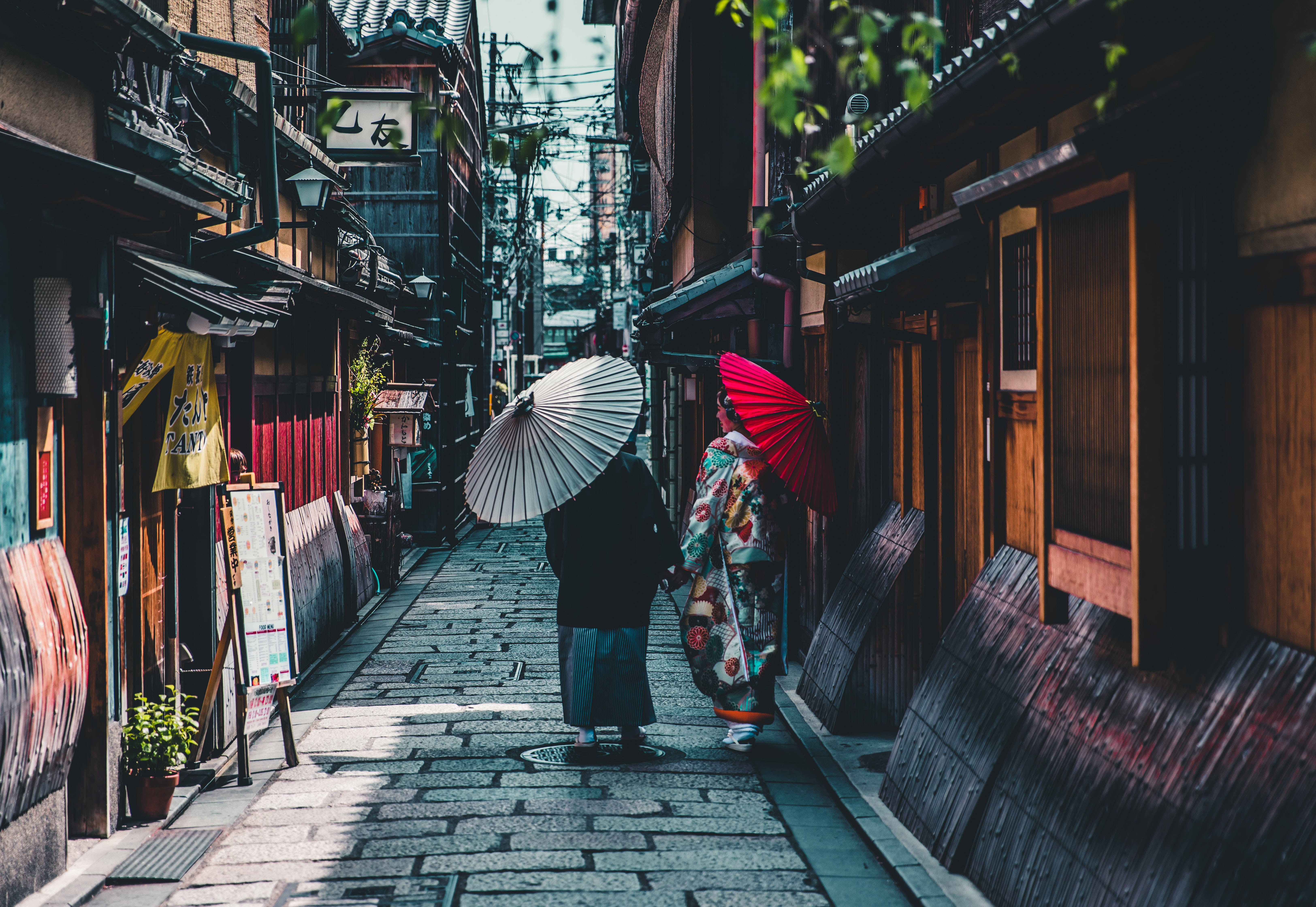 Kyoto, traditional Japanese attire, narrow cobblestone alley, 5K Desktop Wallpaper