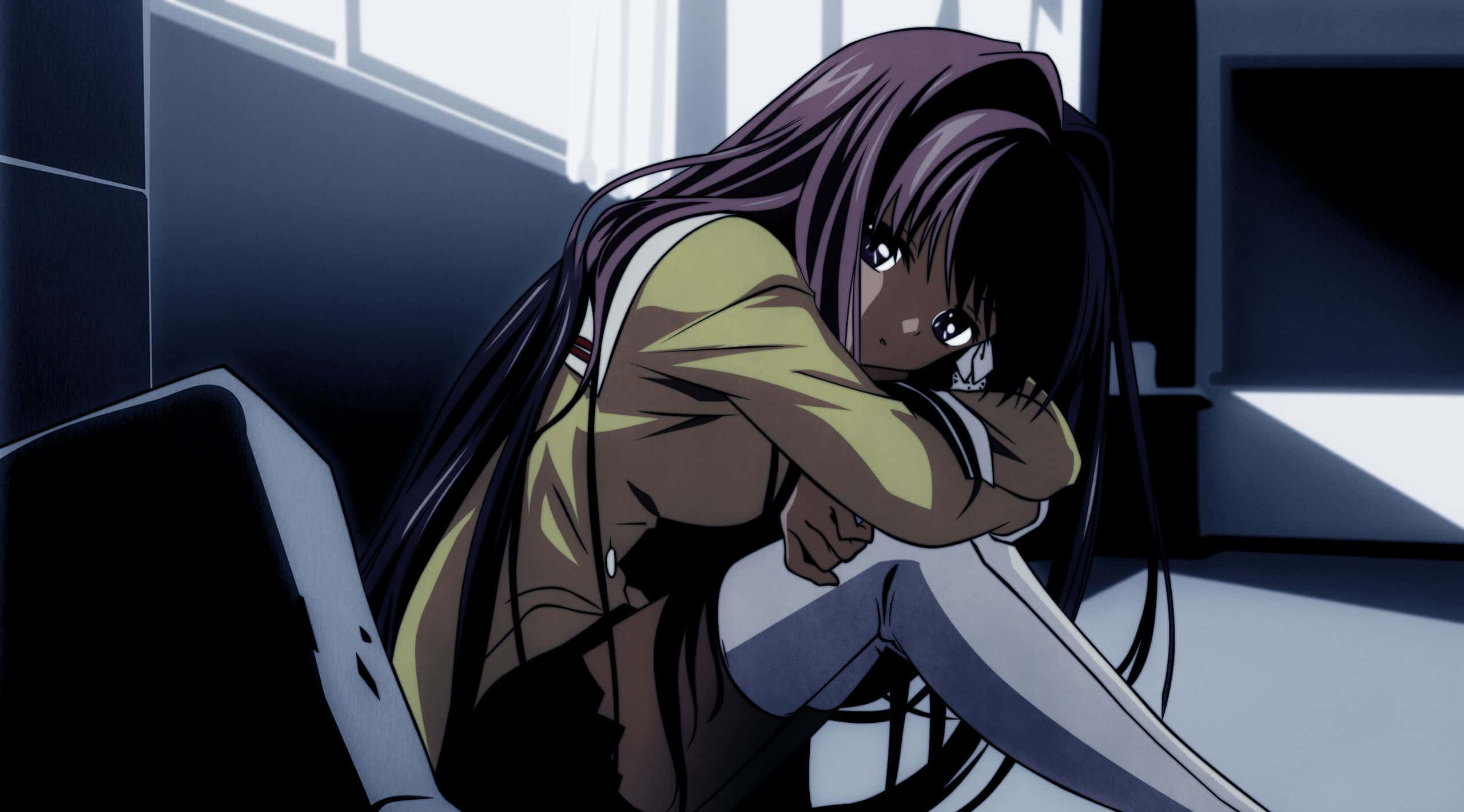Kyou Fujibayashi, long dark hair, dimly lit room, 2K Desktop Wallpaper
