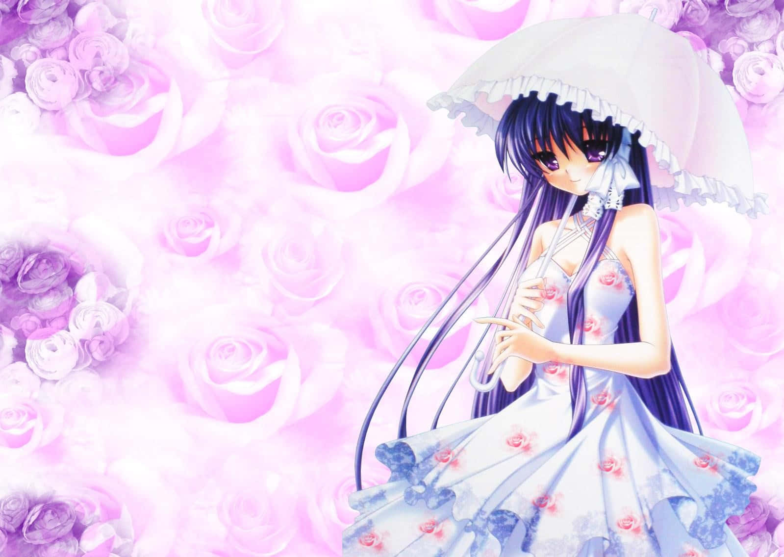 Kyou Fujibayashi, long dark hair, white parasol, HD Desktop Wallpaper