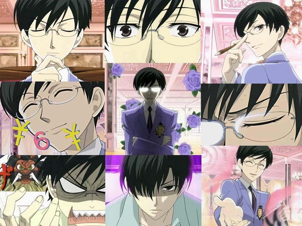 Kyoya Ootori, glasses, pink floral backgrounds, SD Desktop Wallpaper
