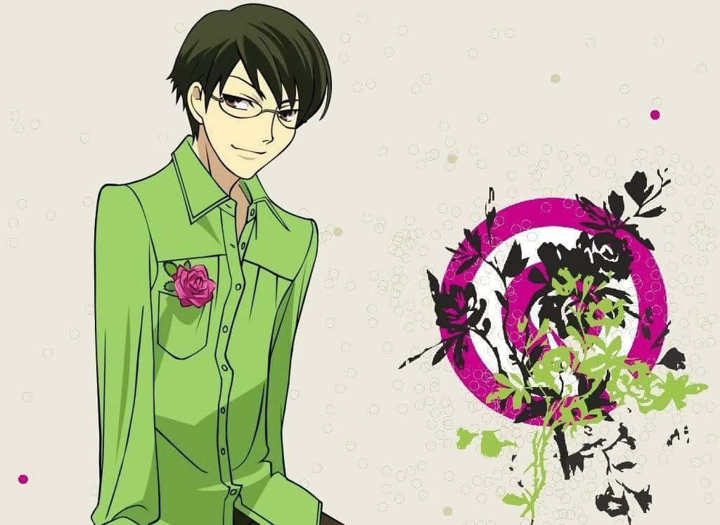 Kyoya Ootori, green shirt, pink rose on pocket, SD Desktop Wallpaper