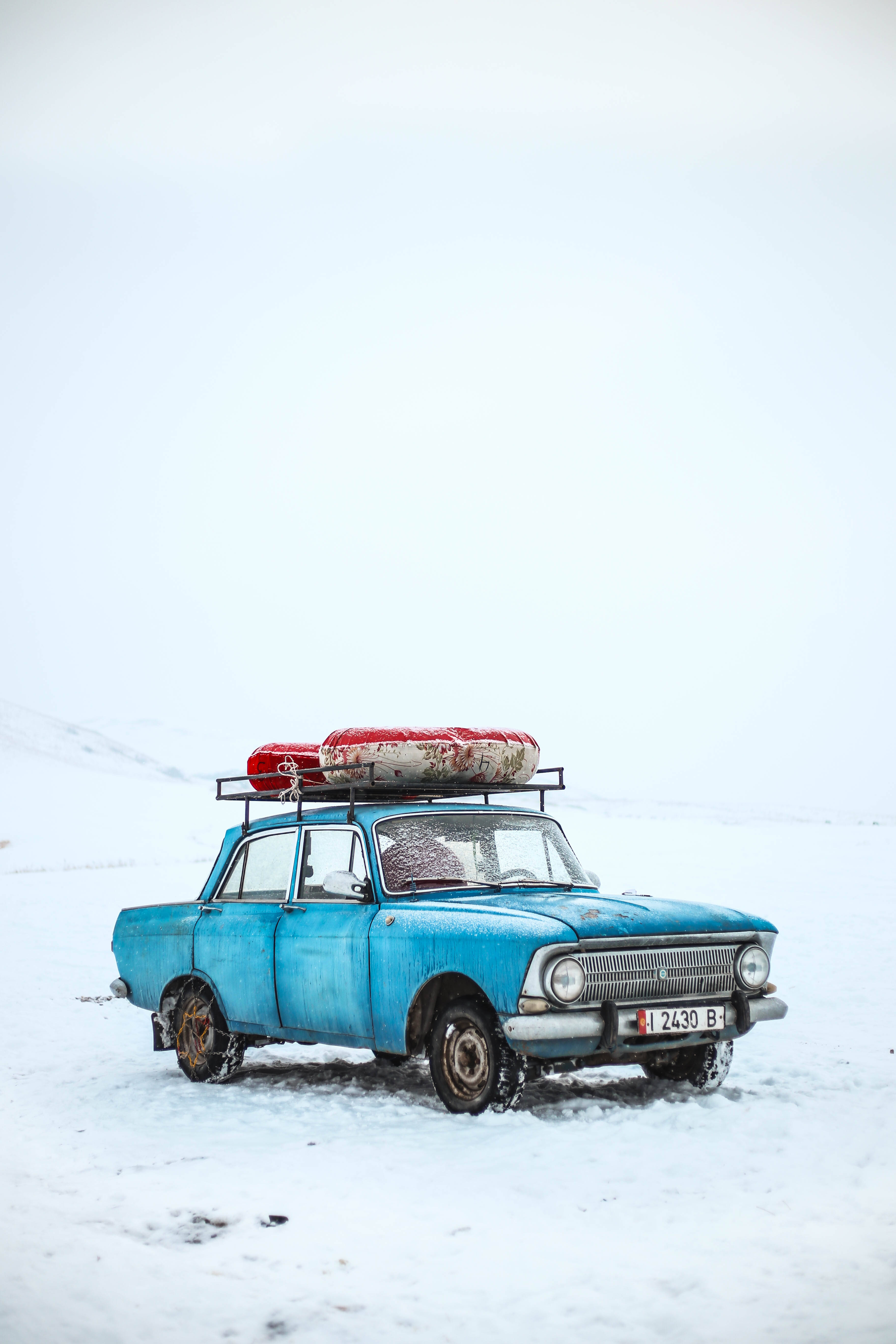 Kyrgyzstan, winter blue car, vintage car, 5K Phone Wallpaper