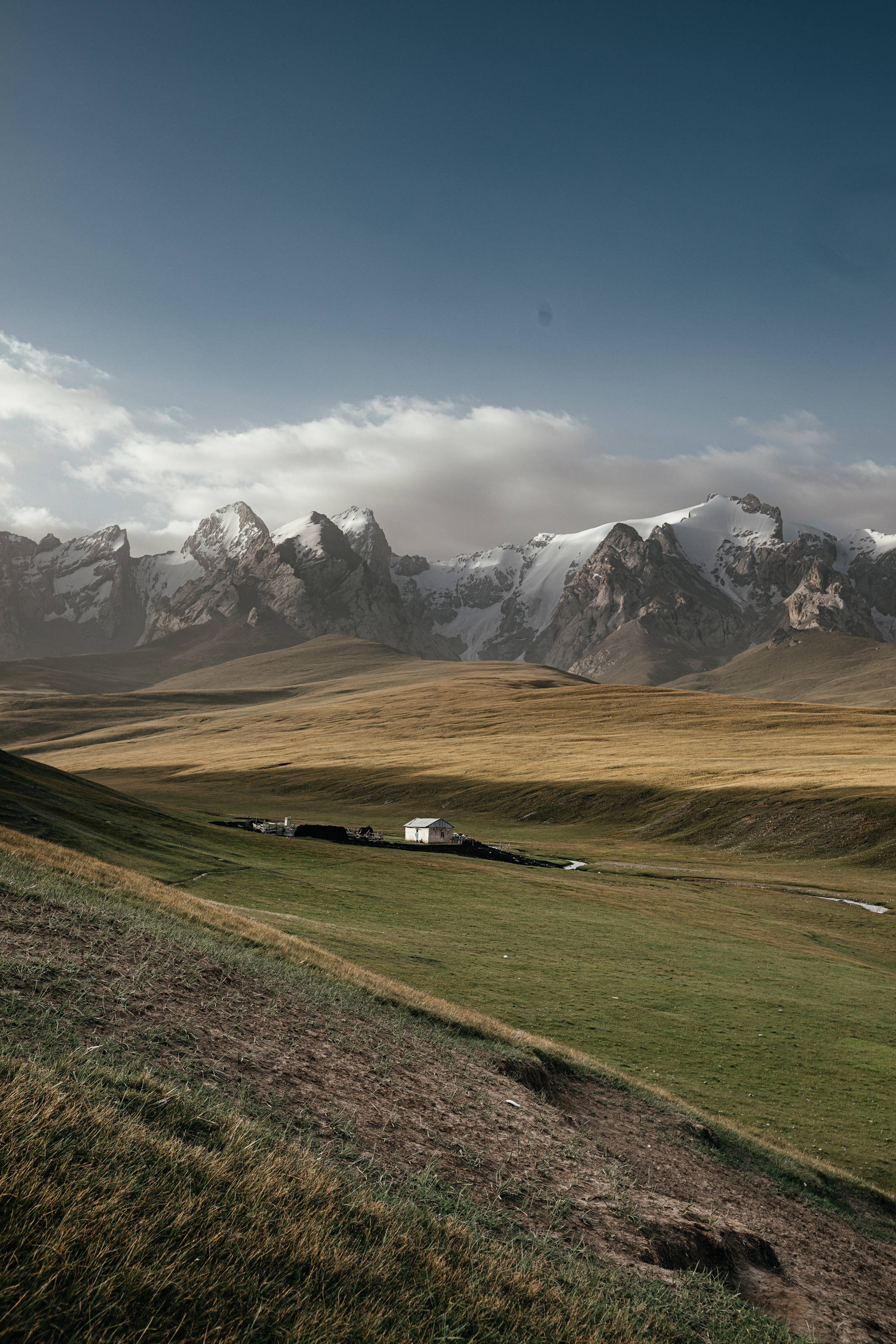 house in kyrgyzstan mountains, white house, golden grasslands, 2K Phone Wallpaper