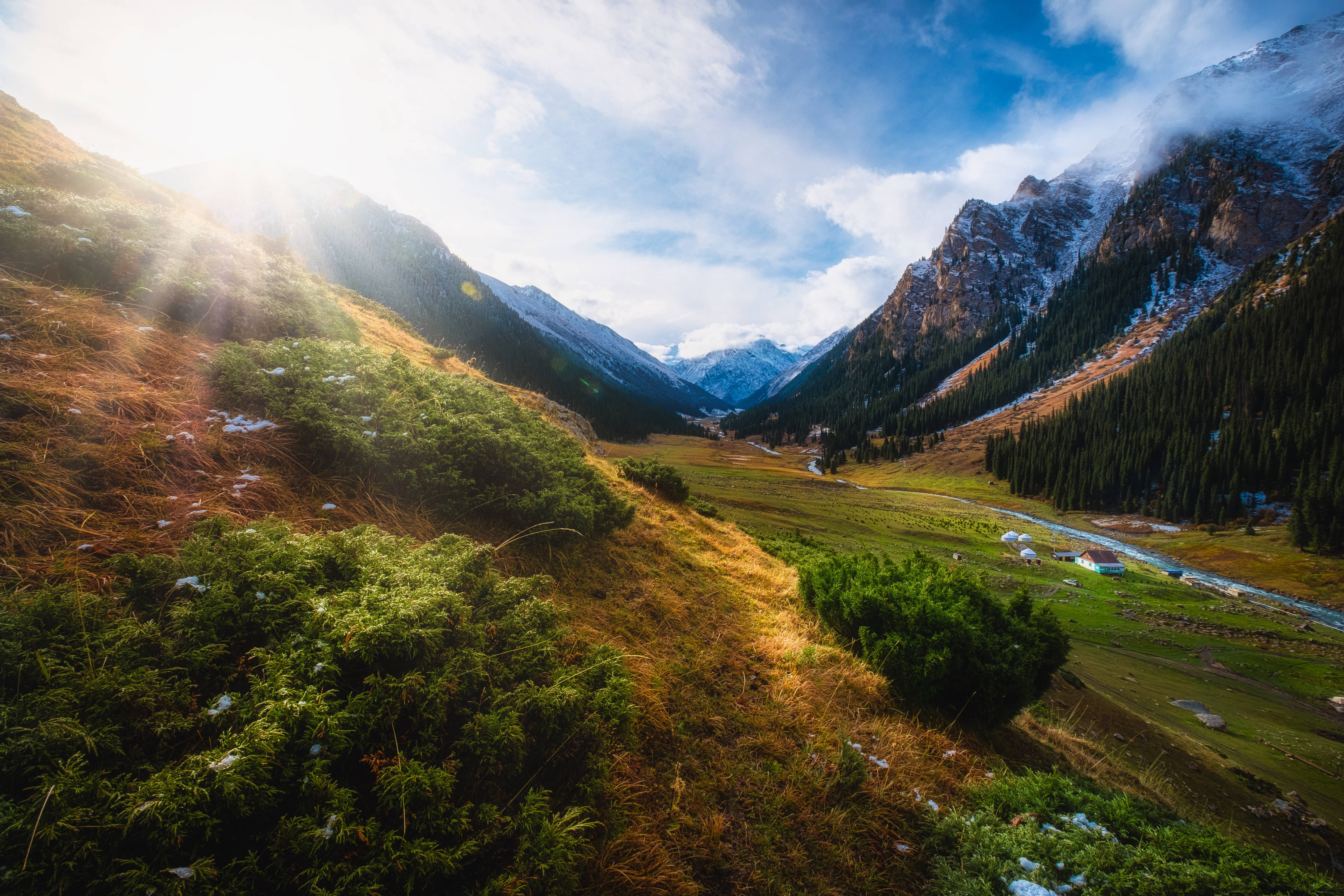 mountain ranges in Kyrgyzstan, sunlight bursts through clouds, valley, 4K Desktop Wallpaper