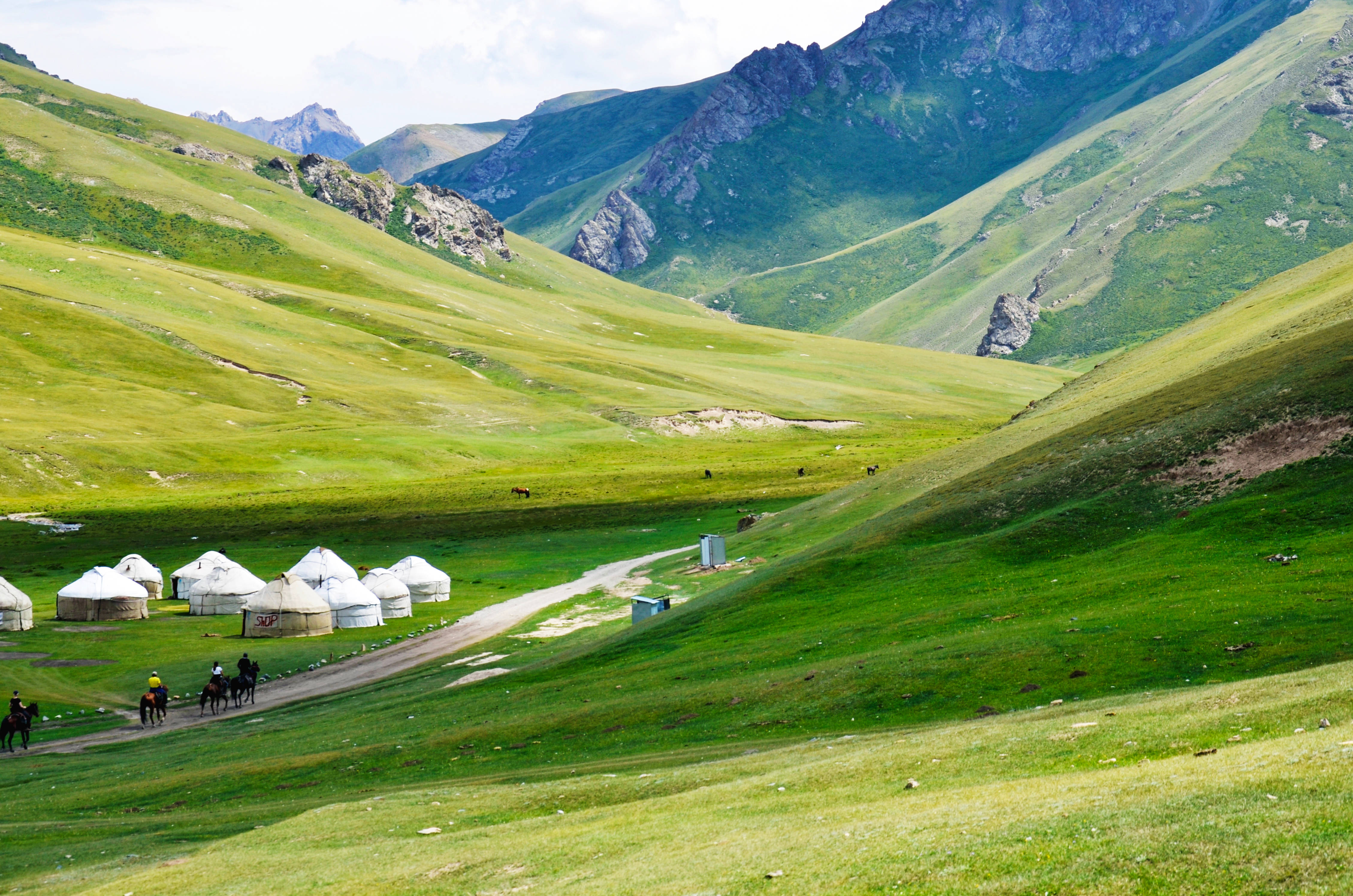 Kyrgyzstan, traditional yurts, green mountain valley, 4K Desktop Wallpaper