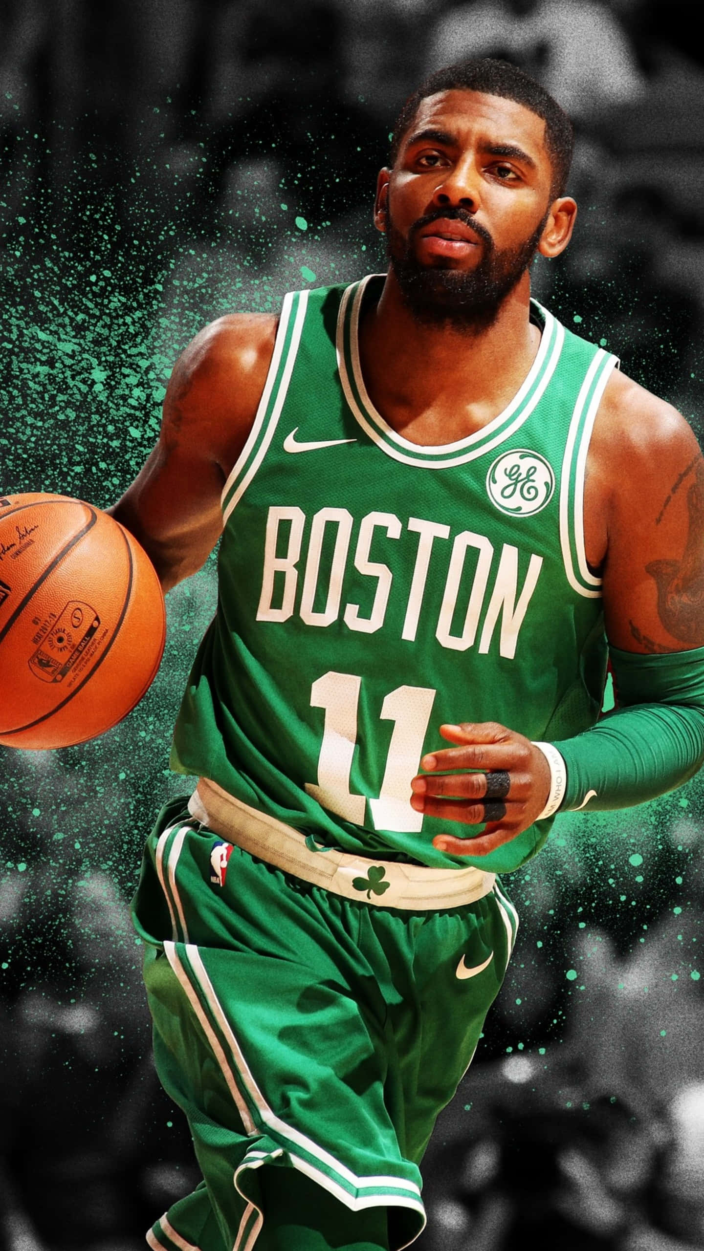 Kyrie Irving, green Boston jersey, jump shot, 2K Phone Wallpaper