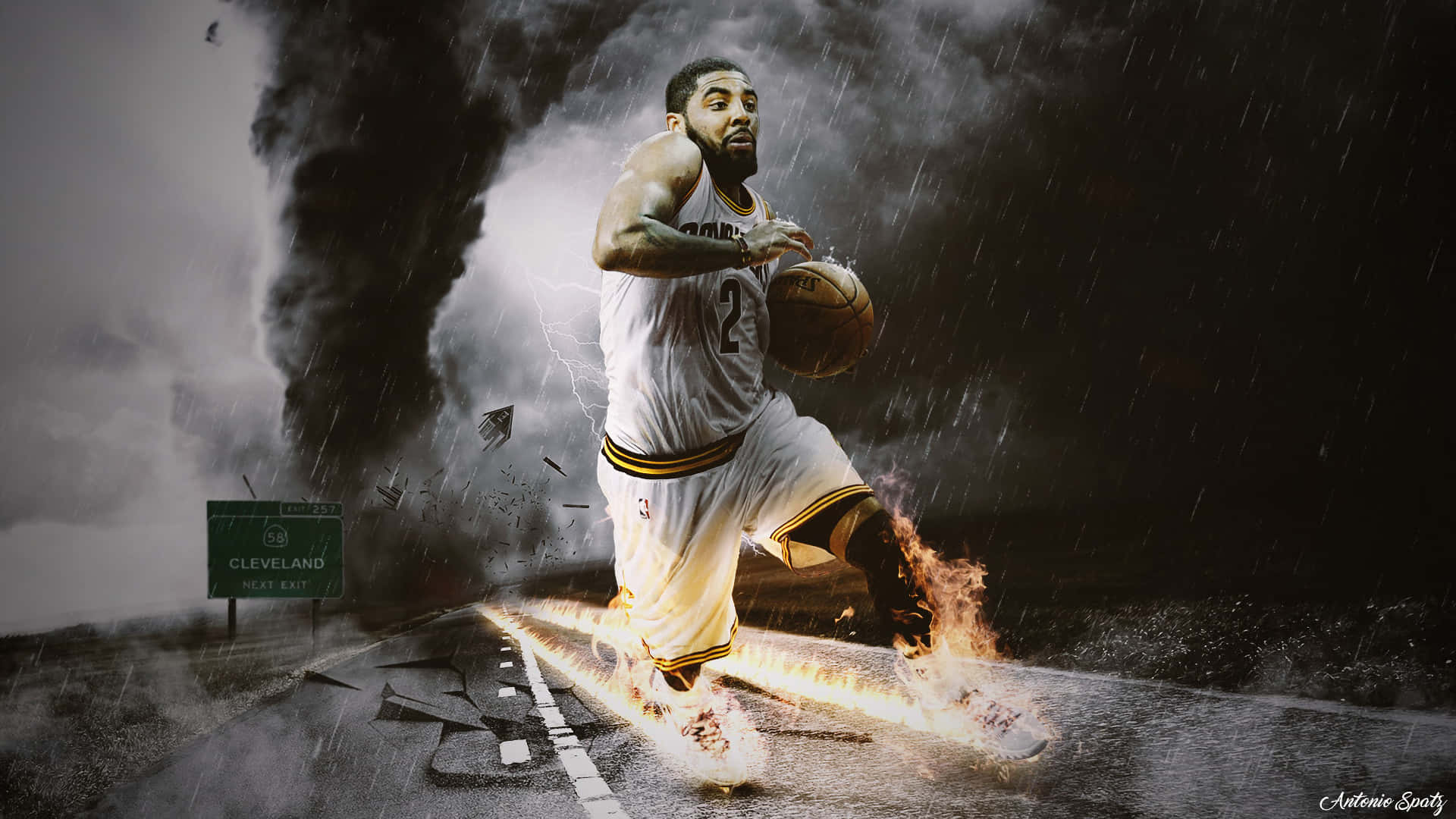 Kyrie Irving, white uniform, storm, Full HD Desktop Wallpaper