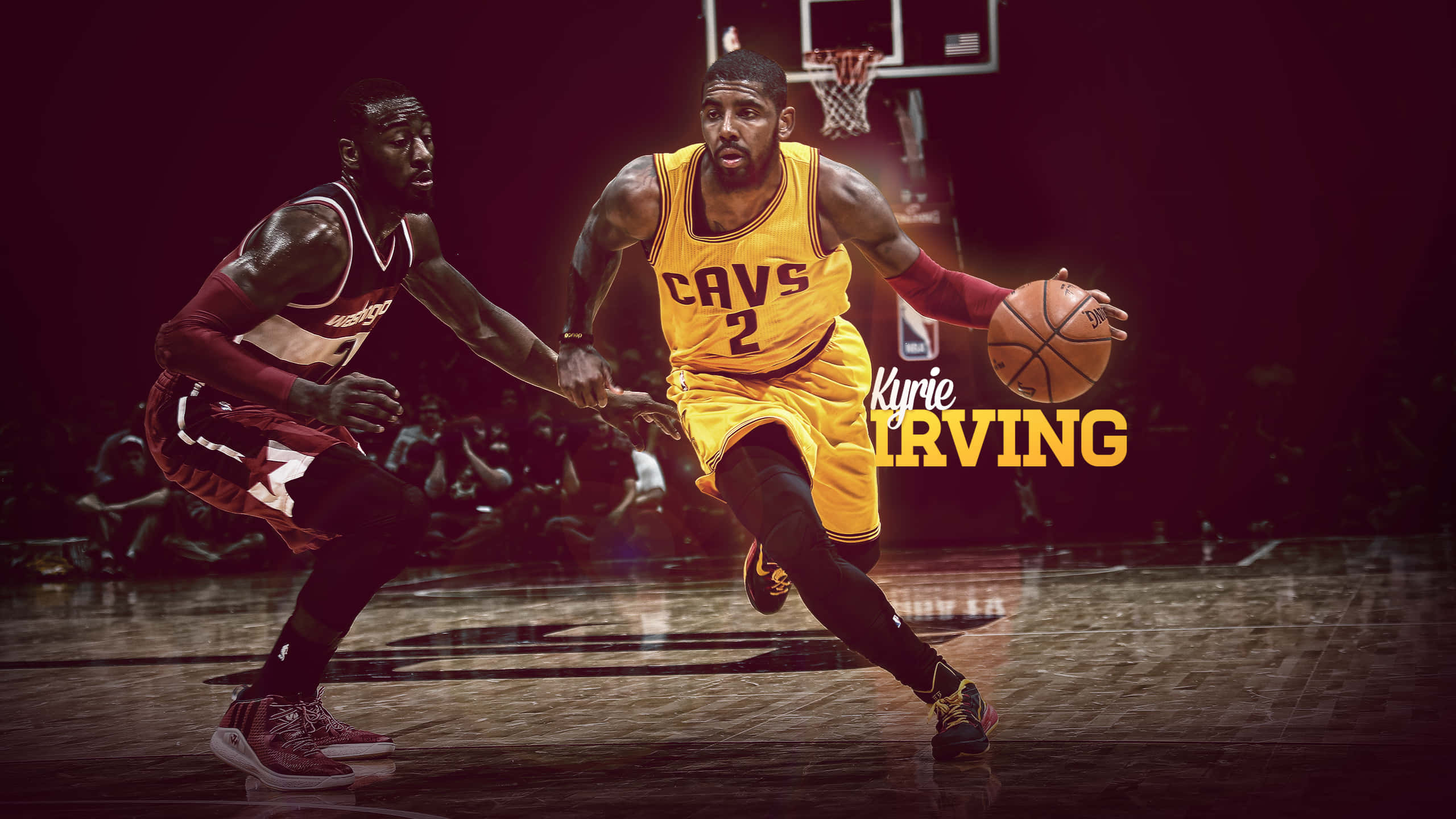 Kyrie Irving, yellow Cavs jersey, arena lights, 2K Desktop Wallpaper