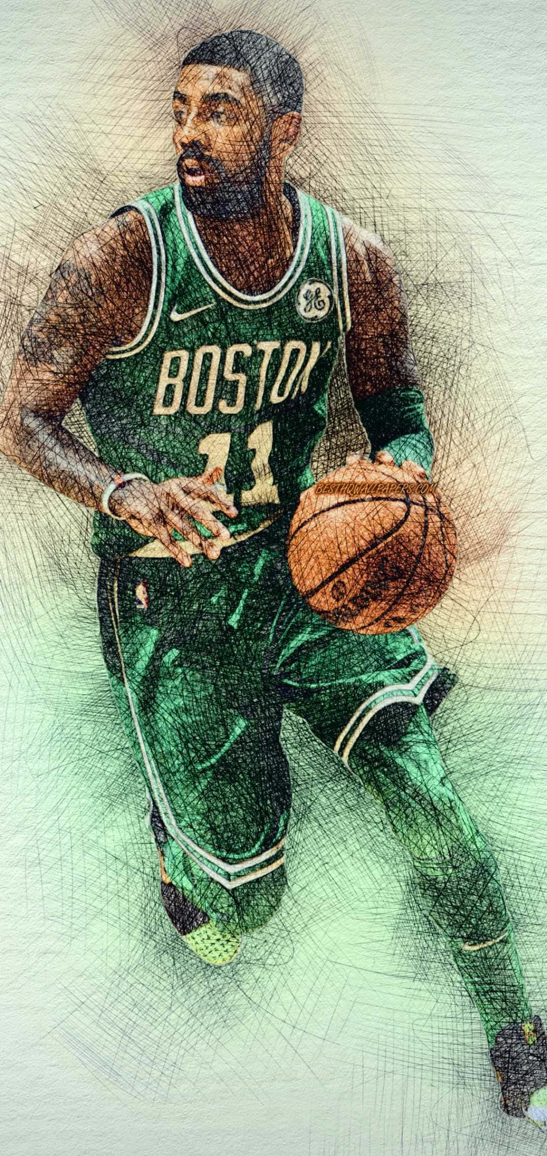 Kyrie Irving, green Boston jersey, dribbles a ball, Full HD Phone Wallpaper