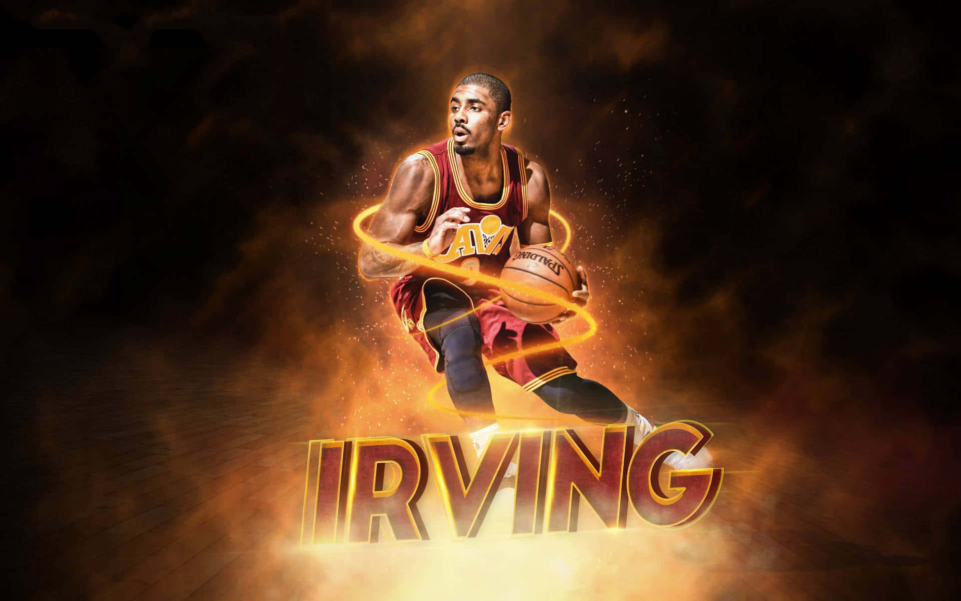 Kyrie Irving, maroon jersey, glowing orange energy swirls, Full HD Desktop Wallpaper