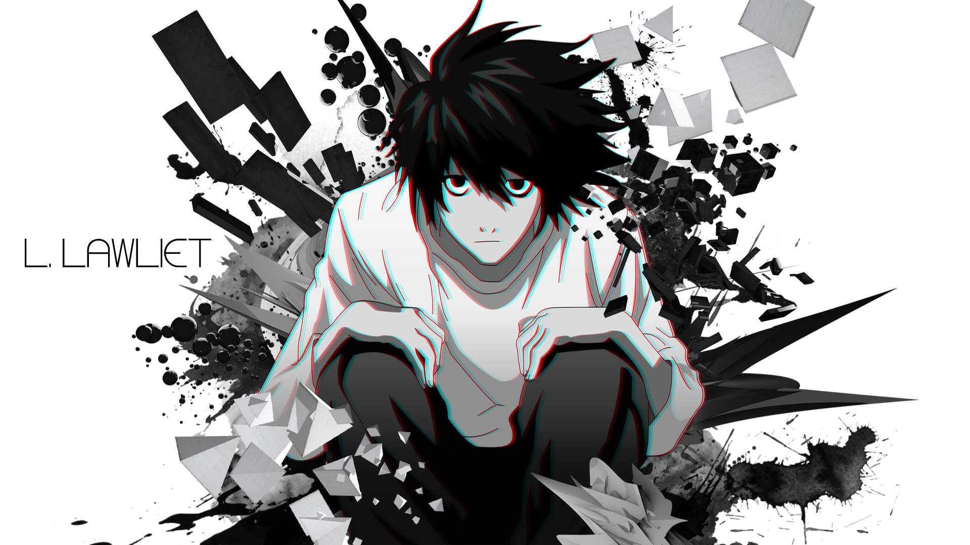L Lawliet, black and white shattered fragments, 3D anaglyph effect, Full HD Desktop Wallpaper