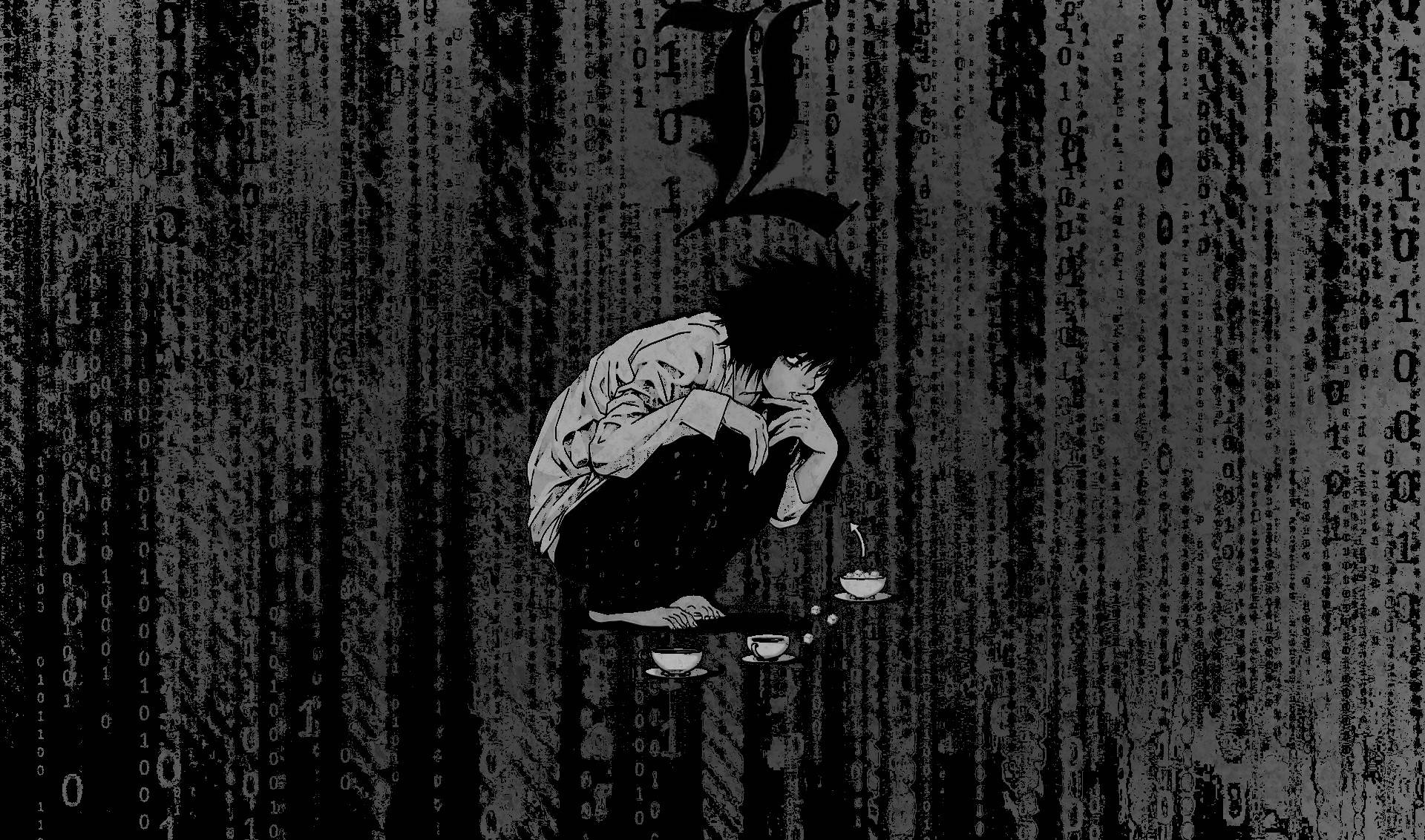 L Lawliet, black and white anime character, falling digital code, Full HD Desktop Wallpaper