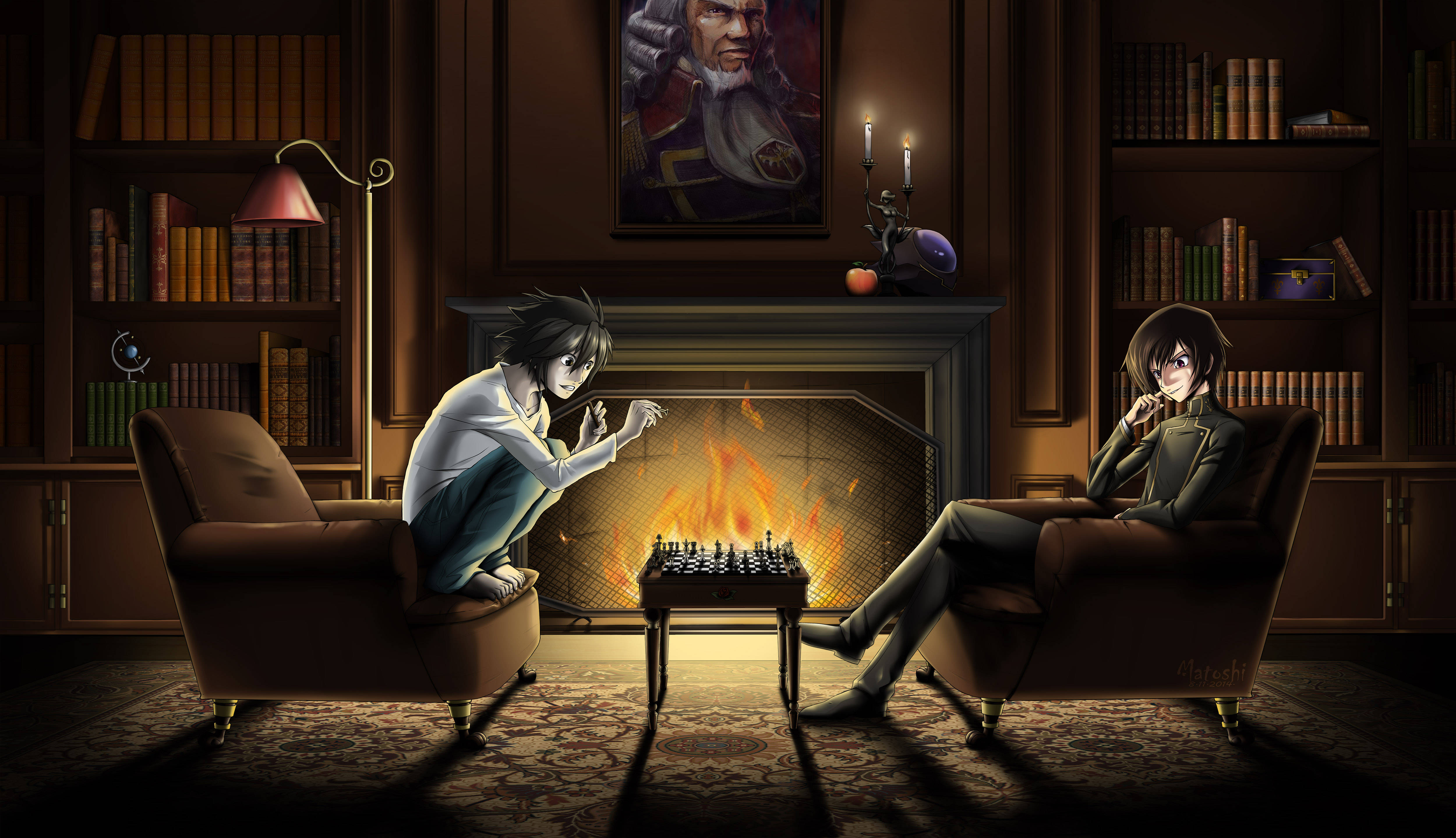 L Lawliet, chess, fireplace, 4K Desktop Wallpaper