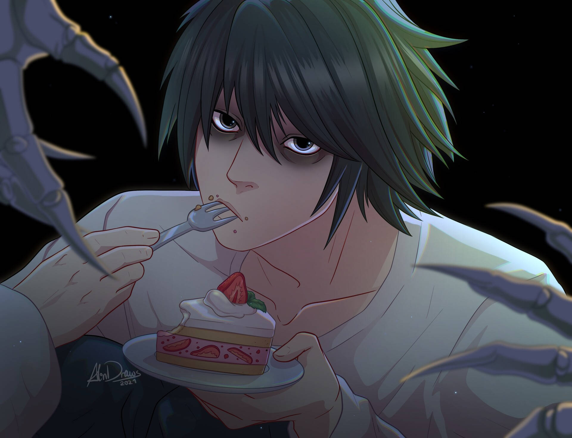 L Lawliet, strawberry cake, skeletal hands, Full HD Desktop Wallpaper