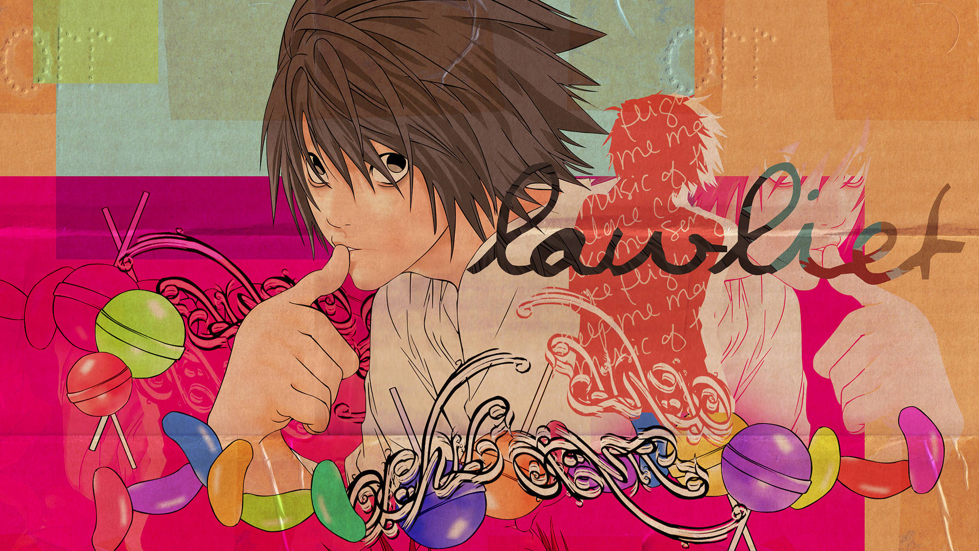L Lawliet, colorful lollipops, ornate swirls, Full HD Desktop Wallpaper