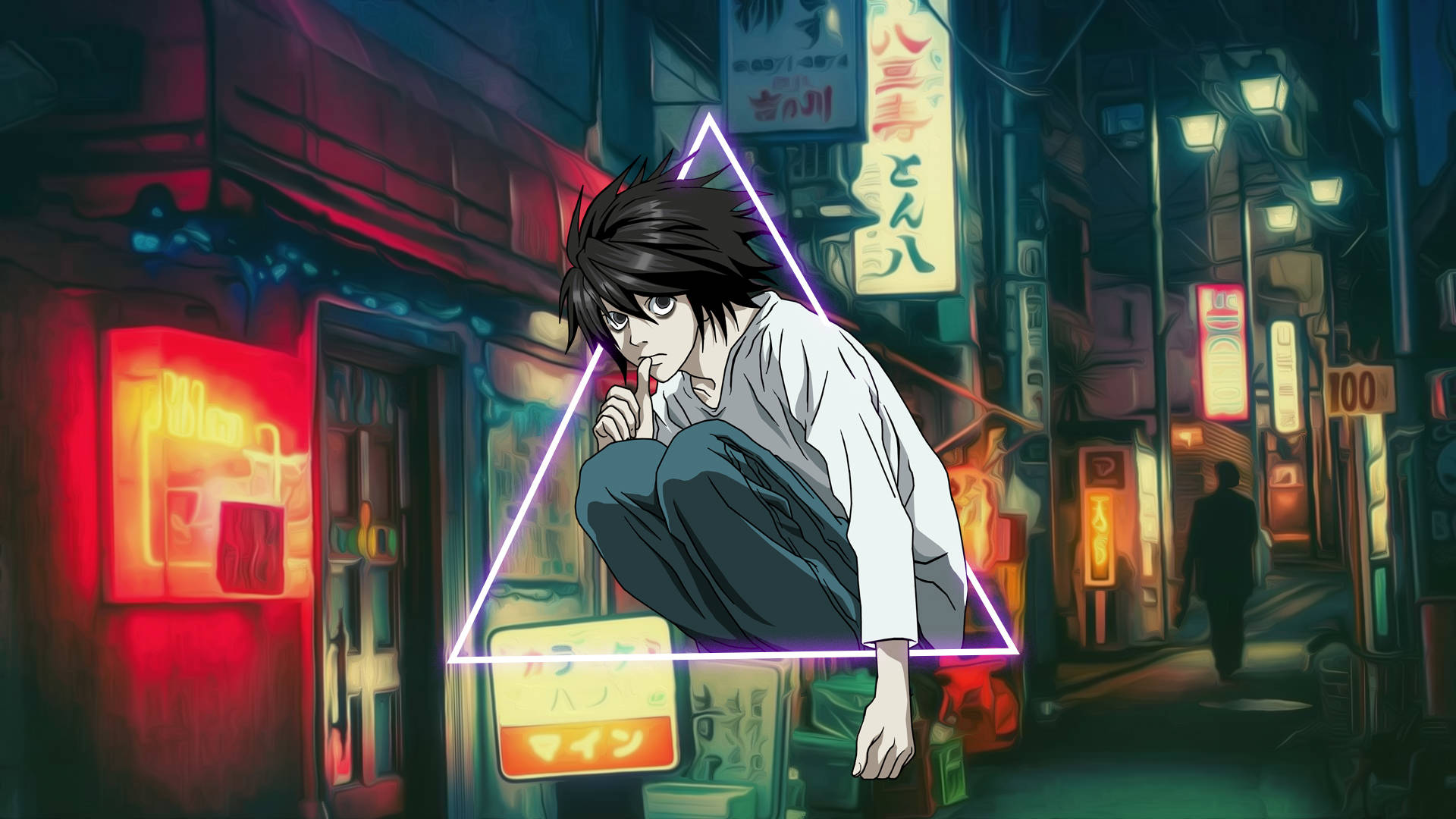 L Lawliet, neon-lit Japanese alleyway, glowing triangle, Full HD Desktop Wallpaper