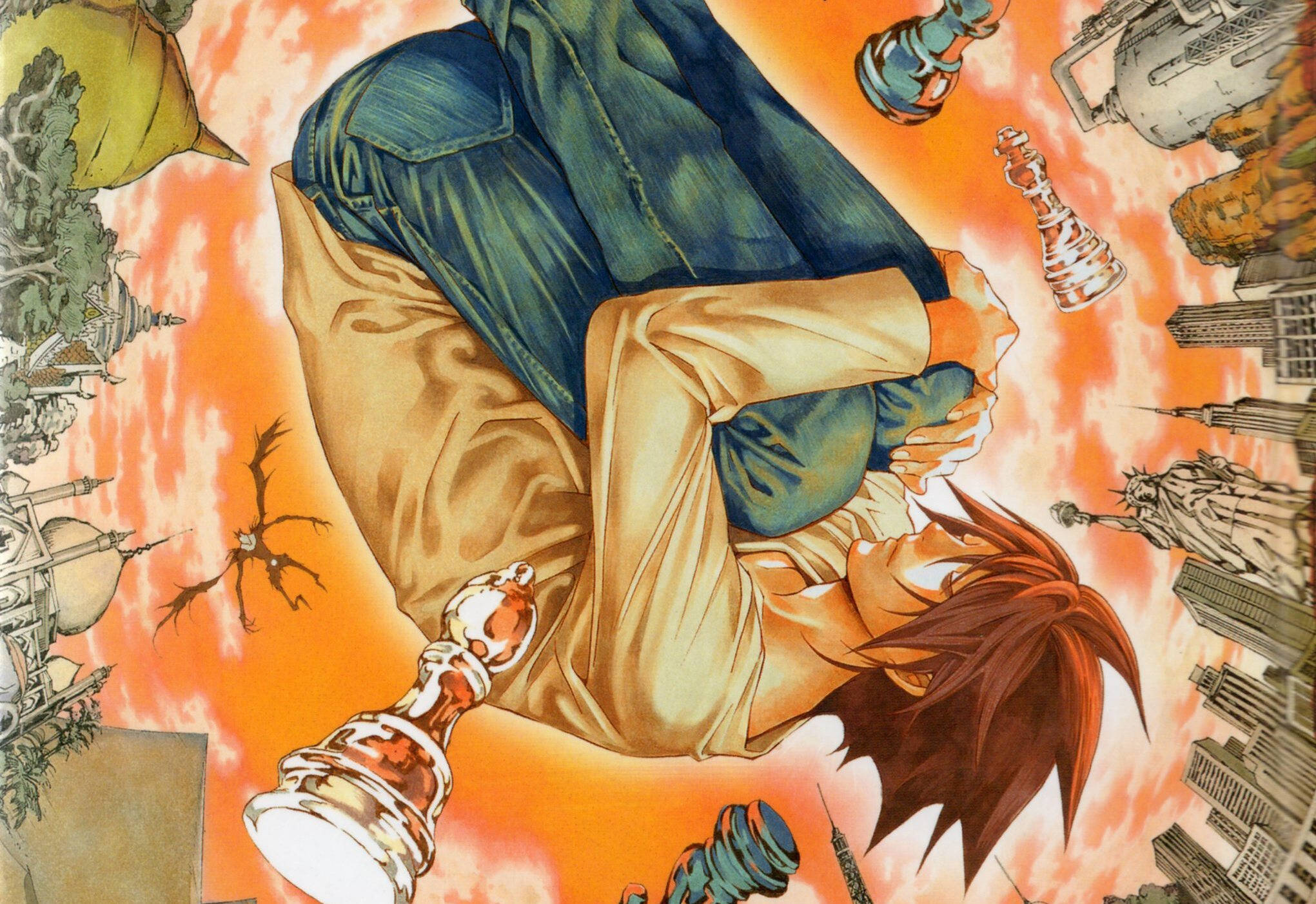 L Lawliet, chess pieces, fiery orange sky, Full HD Desktop Wallpaper