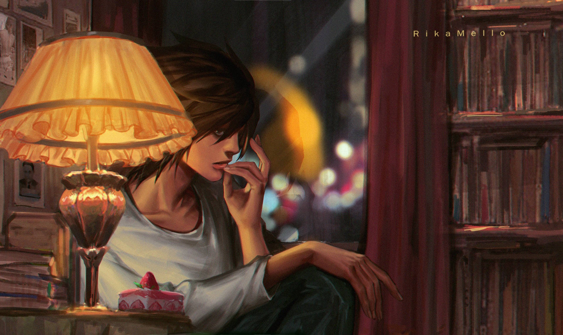 L Lawliet, glowing lamp, cozy room, Full HD Desktop Wallpaper