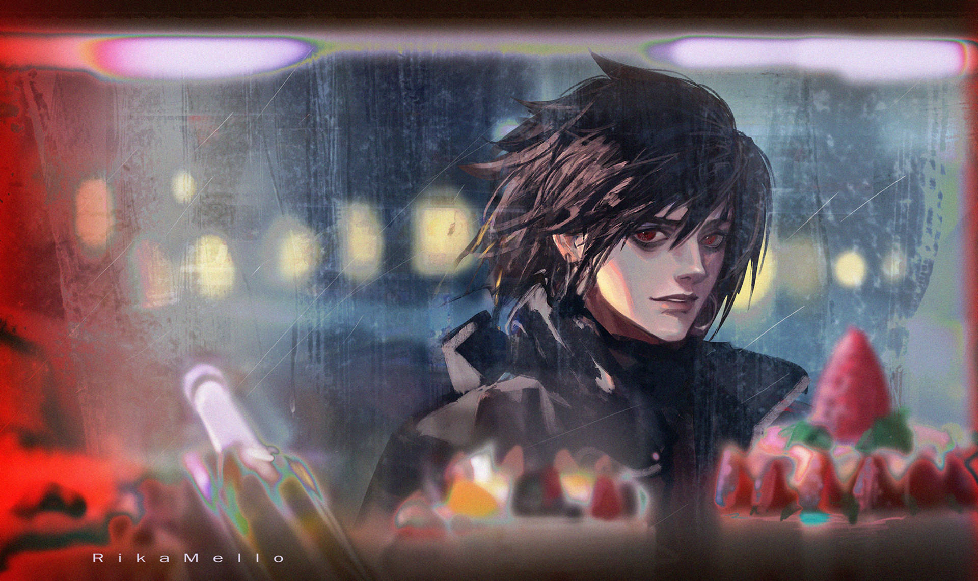 L Lawliet, rain-streaked window, blurred city lights, Full HD Desktop Wallpaper