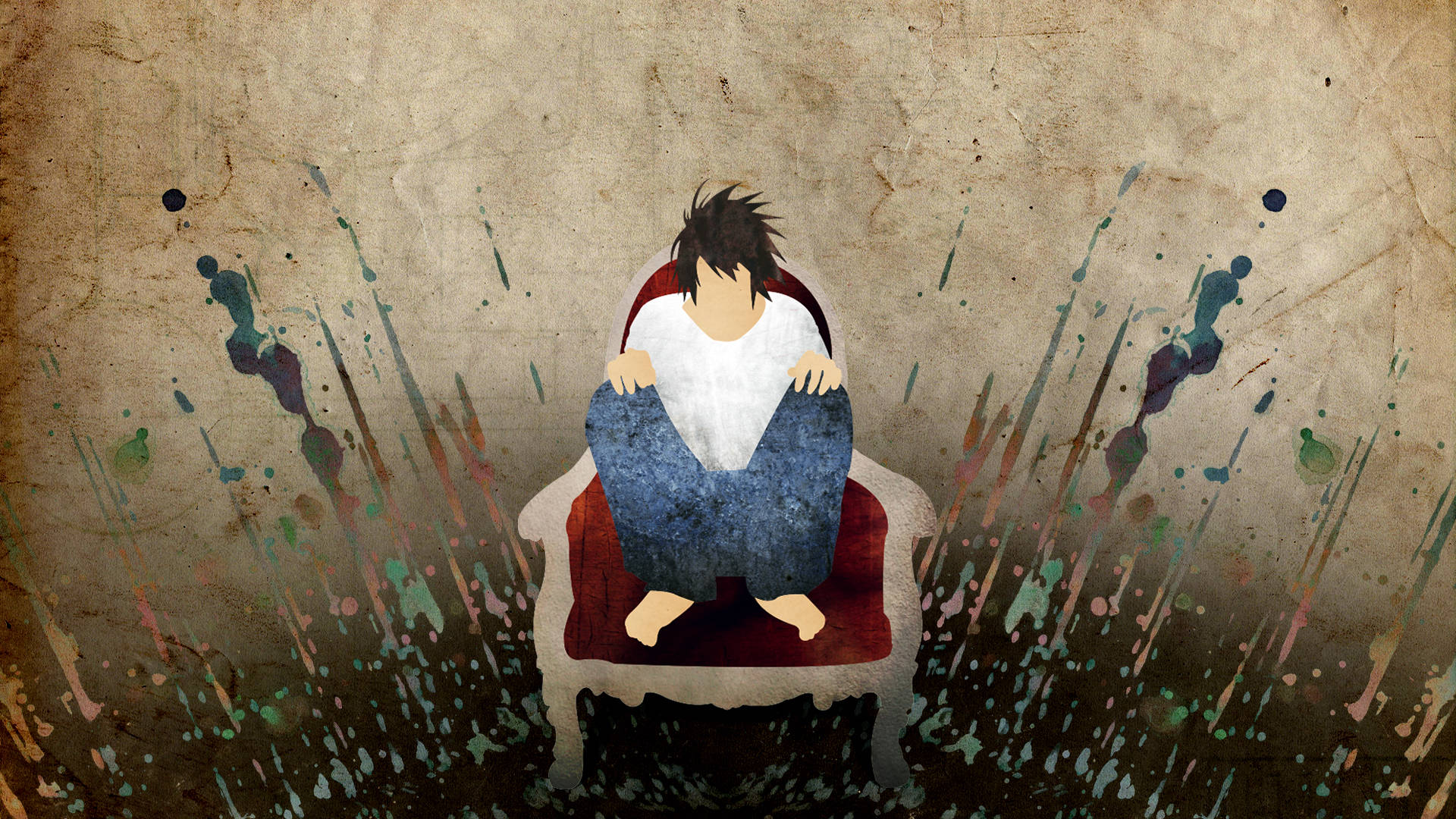 L Lawliet, red chair, textured wall, Full HD Desktop Wallpaper