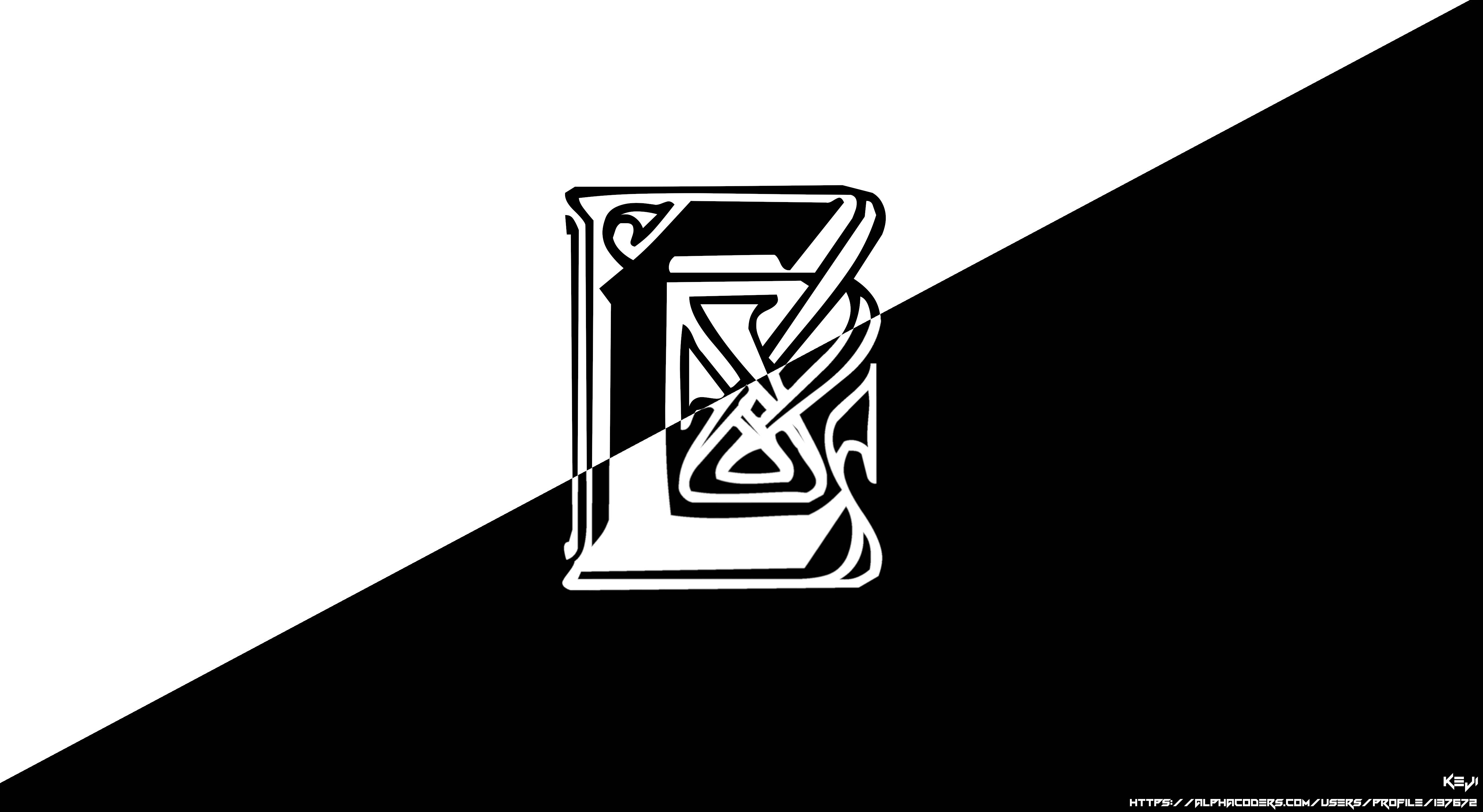 L Lawliet, black and white diagonal split background, stylized ornate letter E, 5K Desktop Wallpaper