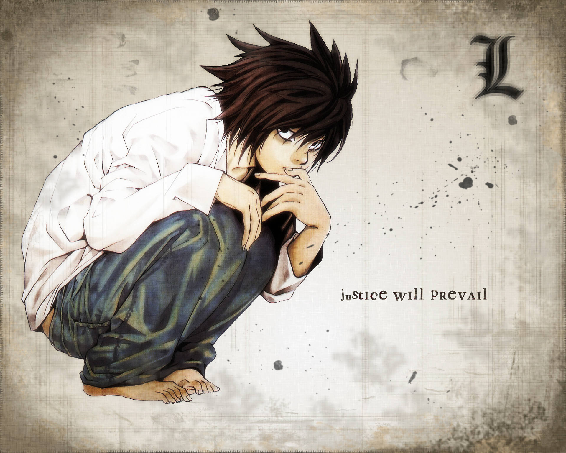 L Lawliet, spiky-haired anime boy, textured wall, Full HD Desktop Wallpaper