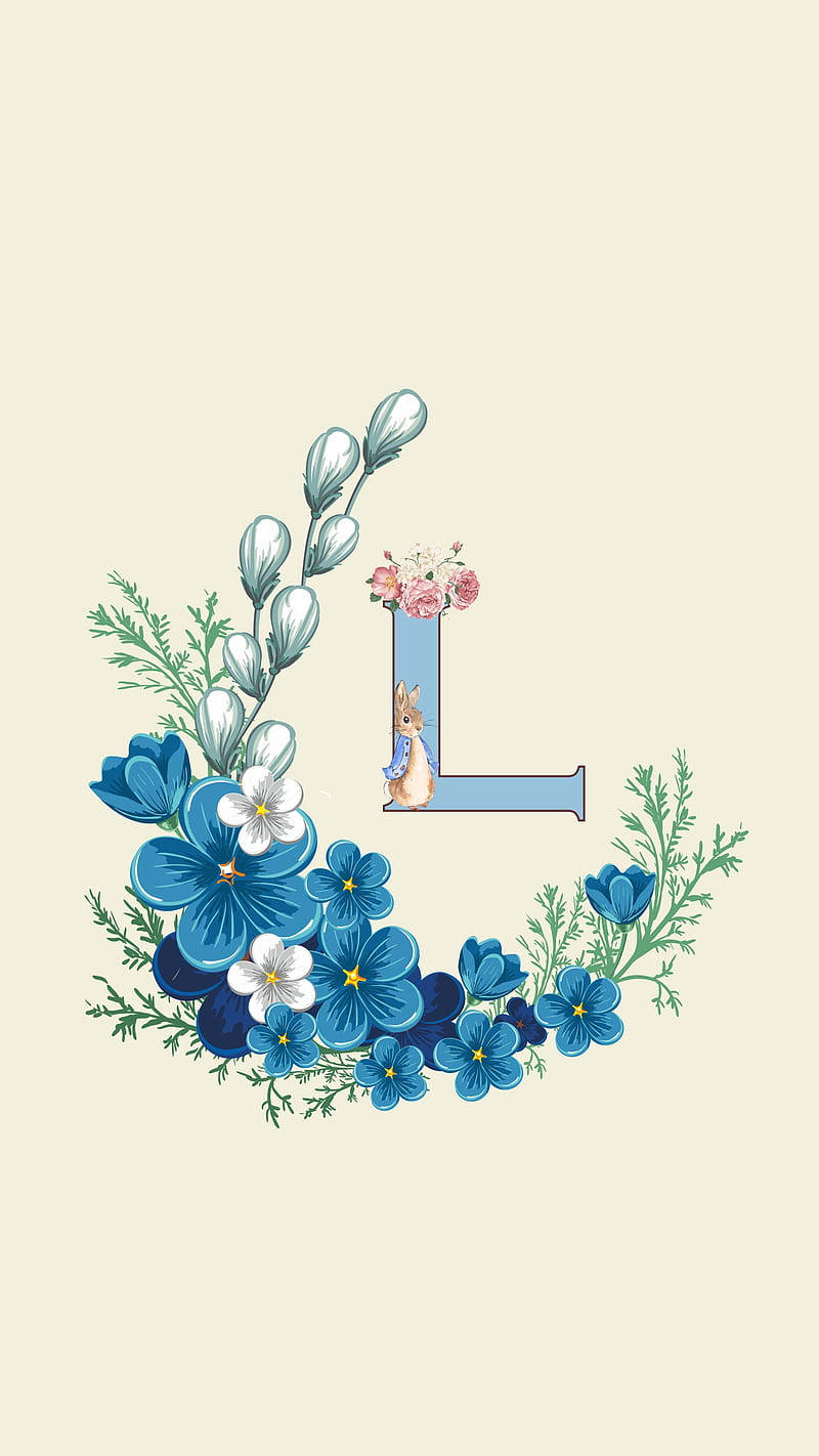 blue bunny, letter L, blue flowers, HD Phone Wallpaper