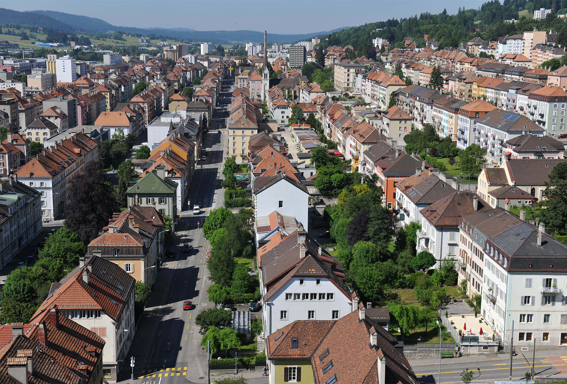 La Chaux De Fonds, aerial view, red-tiled roofs, Full HD Desktop Wallpaper