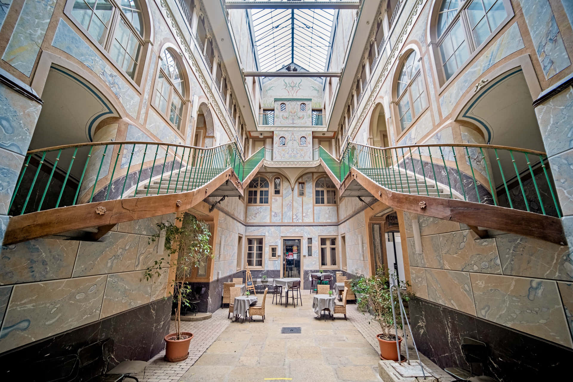 La Chaux De Fonds, marble atrium, symmetrical wooden staircases, Full HD Desktop Wallpaper