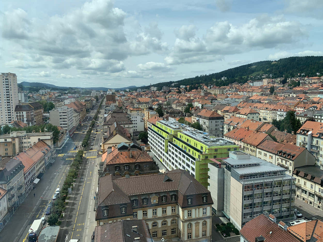 La Chaux De Fonds, red-tiled roofs, modern buildings, HD Desktop Wallpaper