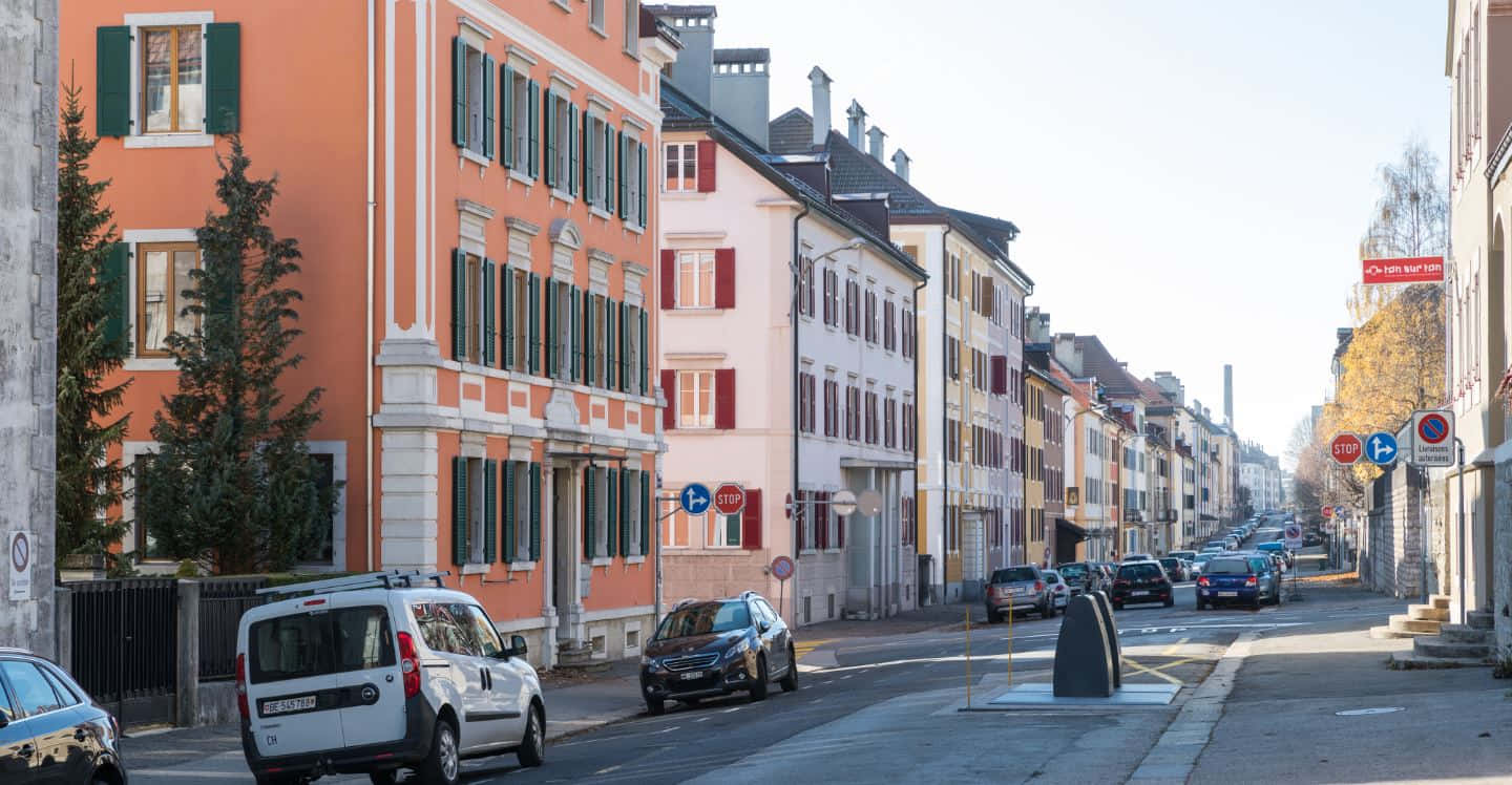 La Chaux De Fonds, sunny street scene, sunlit European street, HD Desktop Wallpaper