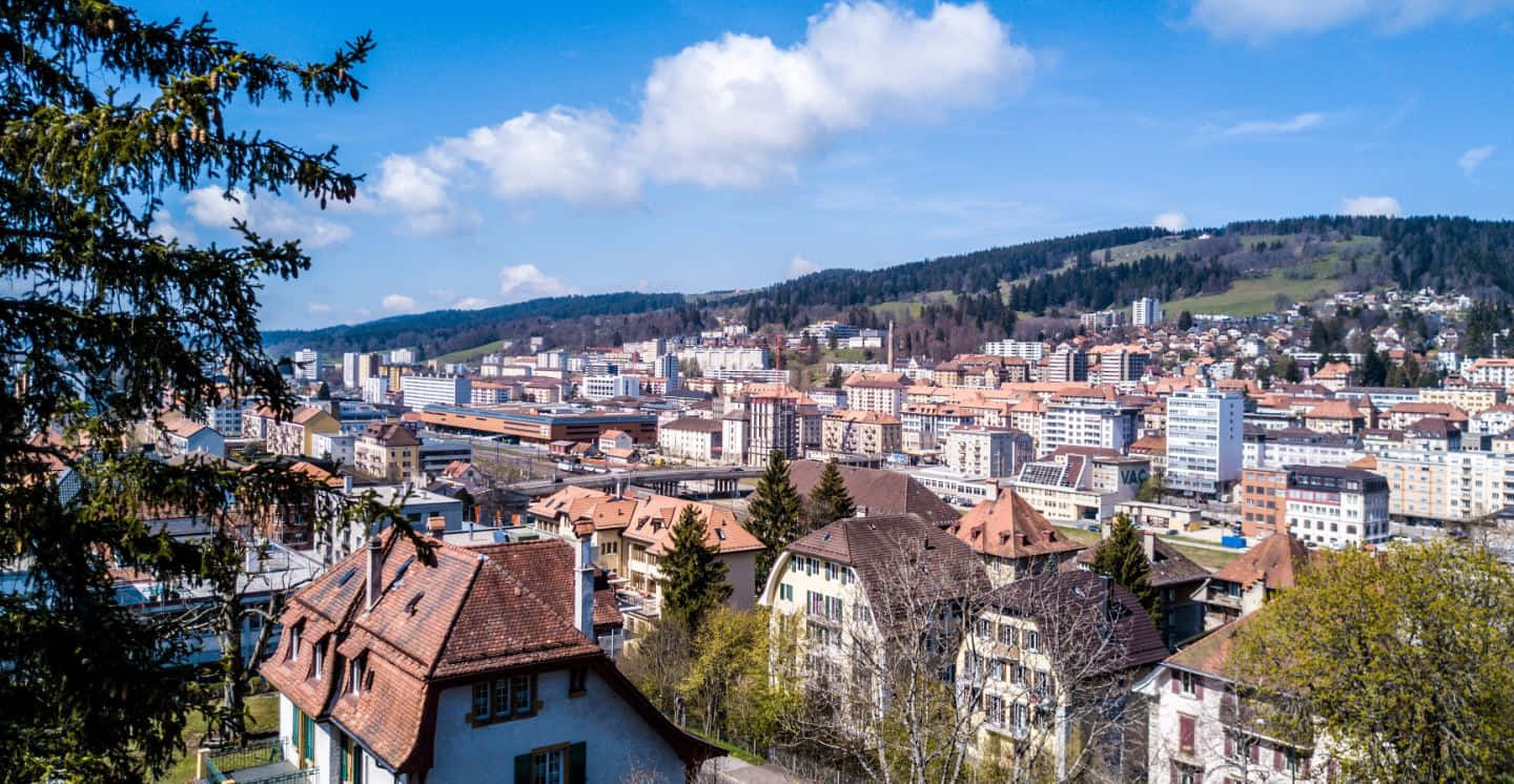 La Chaux De Fonds, red-tiled roofs, modern buildings, HD Desktop Wallpaper