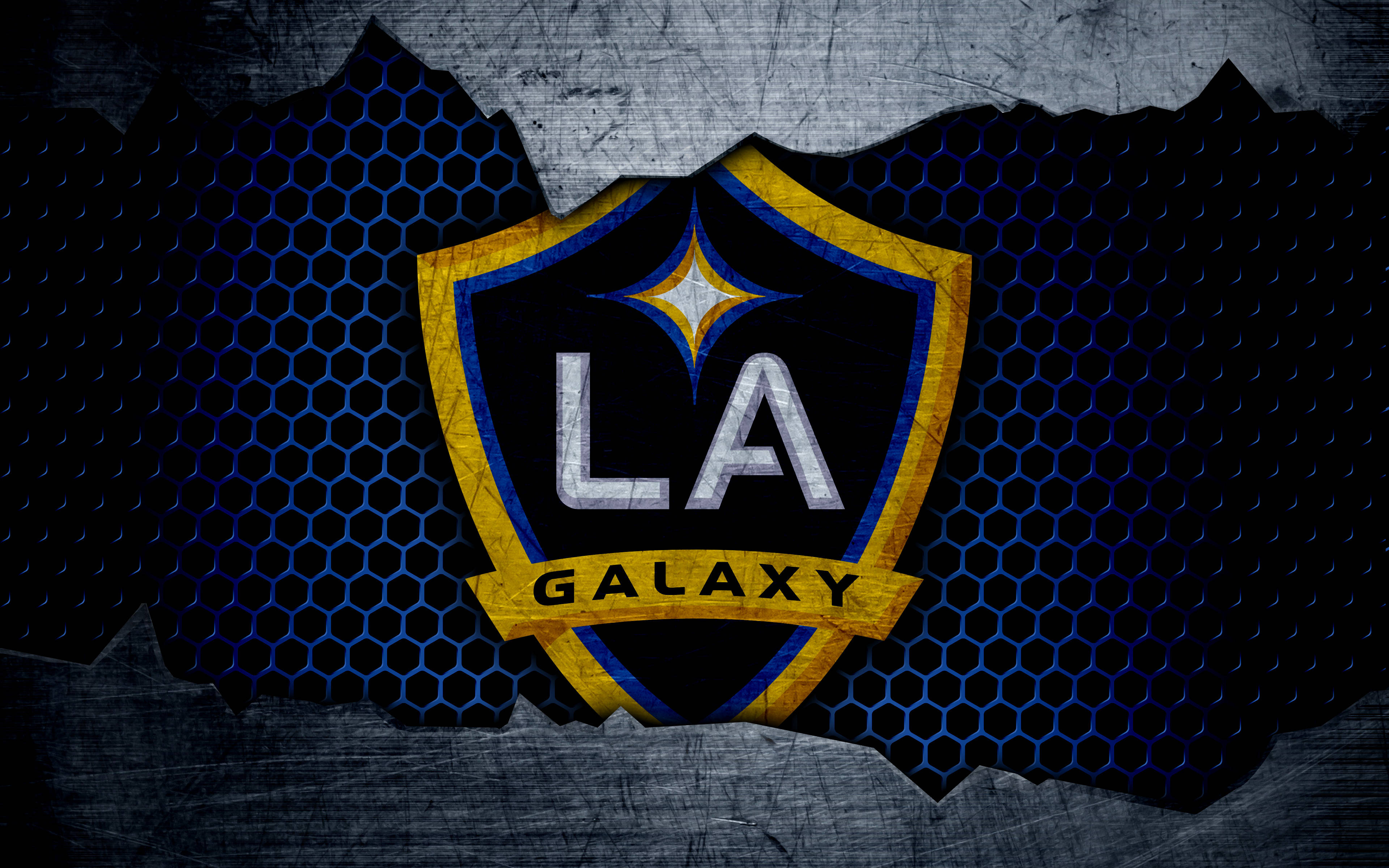 LA Galaxy, soccer team crest, torn metallic surface, 4K Desktop Wallpaper