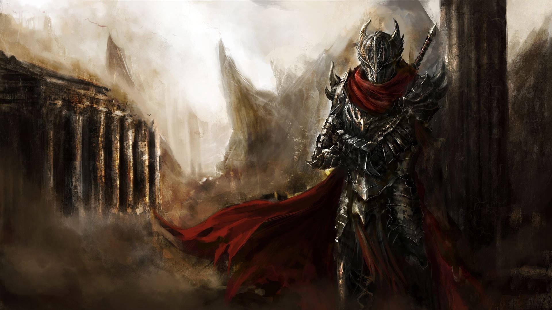 knight, red cape, dark armor, Full HD Desktop Wallpaper