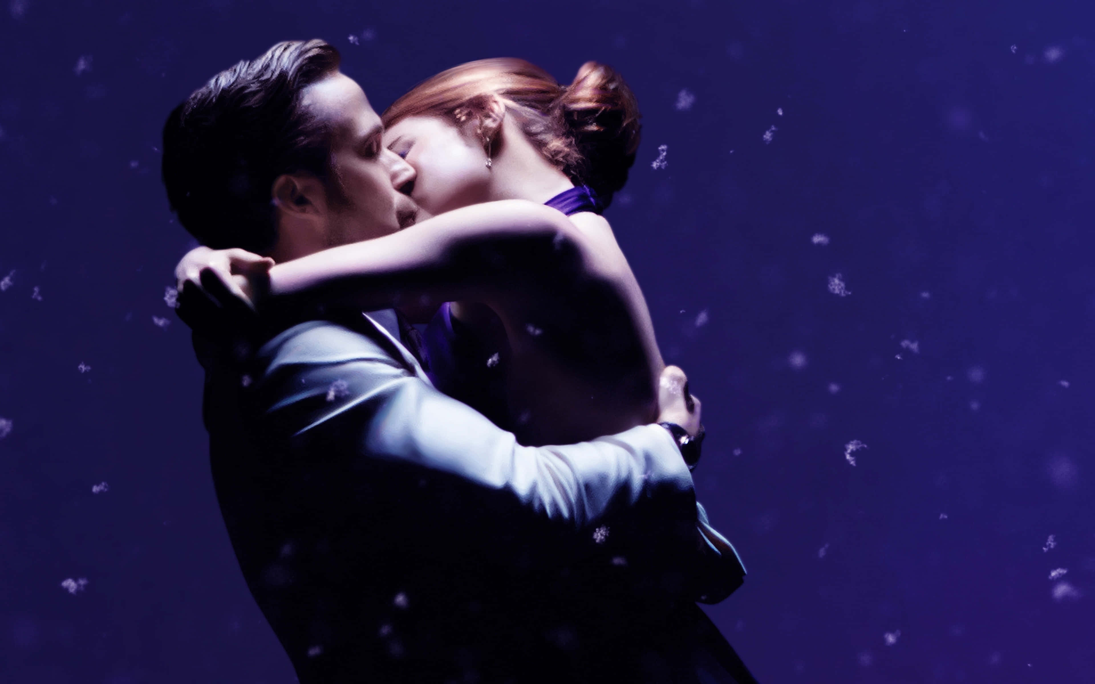 La La Land, deep purple backdrop, floating white particles, 4K Desktop Wallpaper