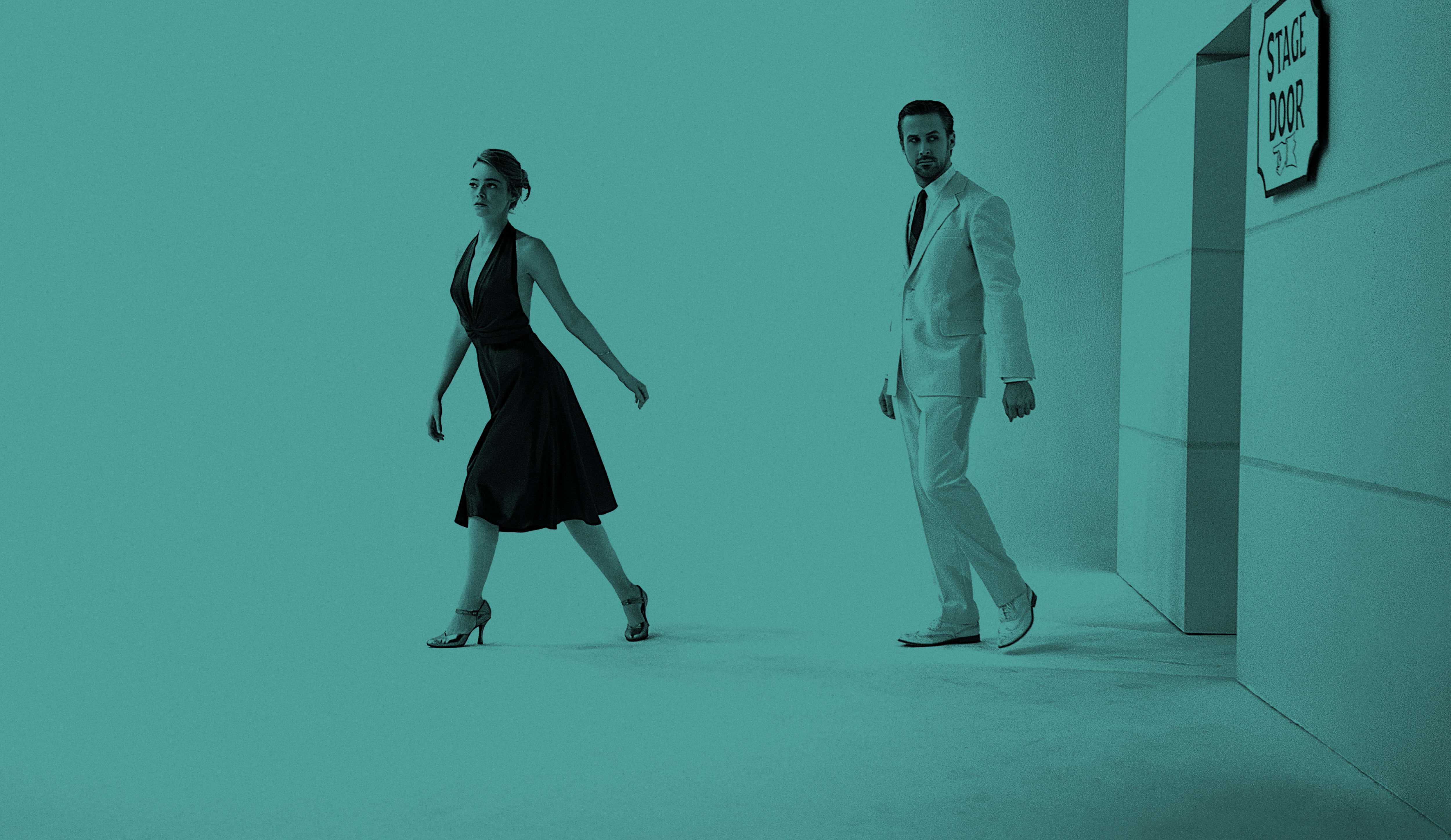 La La Land 4K, formal wear, minimalist teal-lit corridor, 4K Desktop Wallpaper