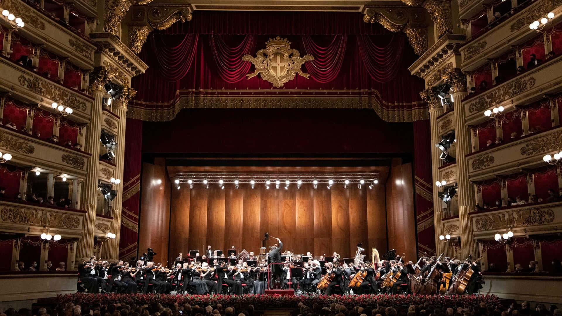 La Scala Opera House, orchestra, red velvet curtains, Full HD Desktop Wallpaper