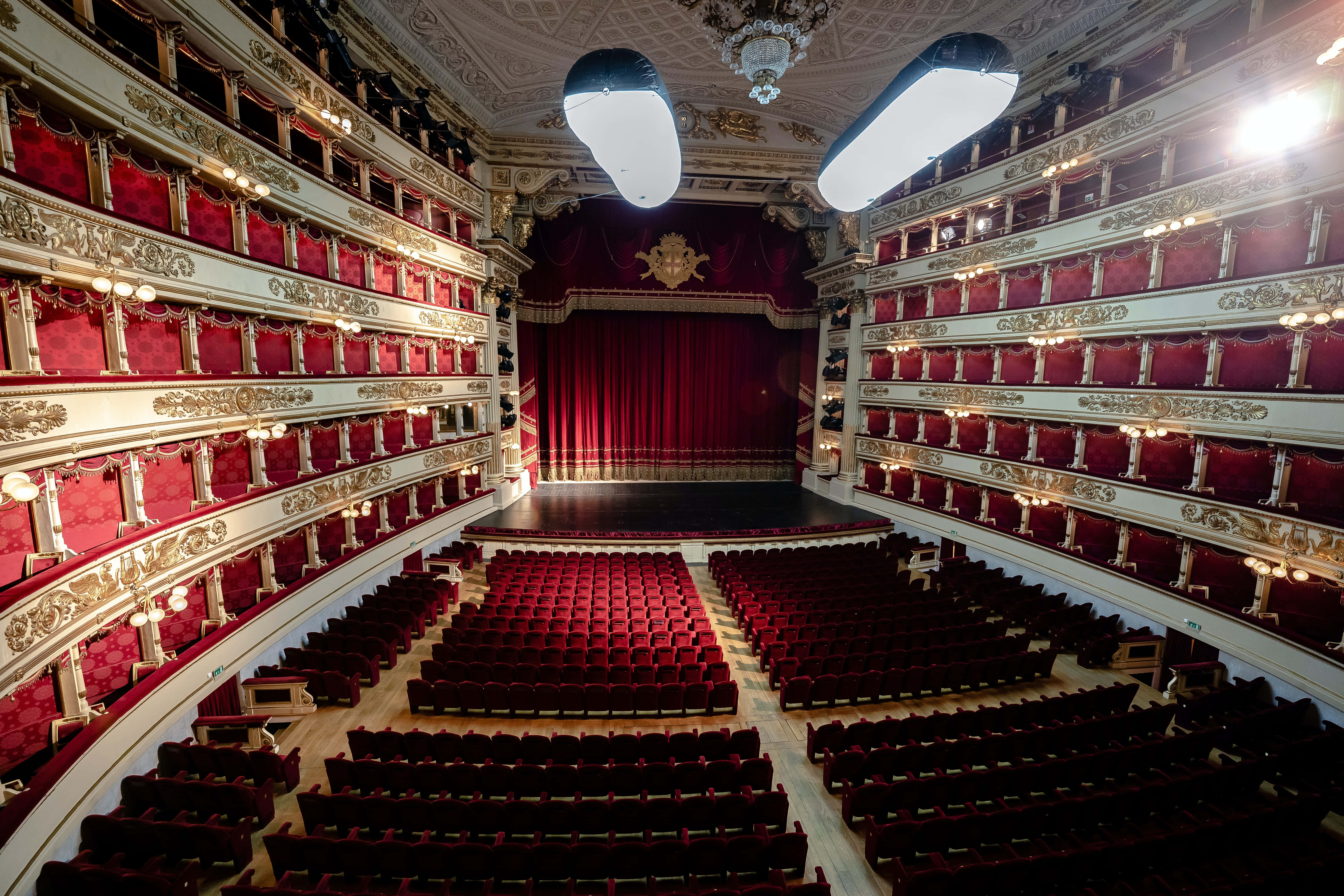 La Scala Opera House, red velvet seats, gold trim, 5K Desktop Wallpaper