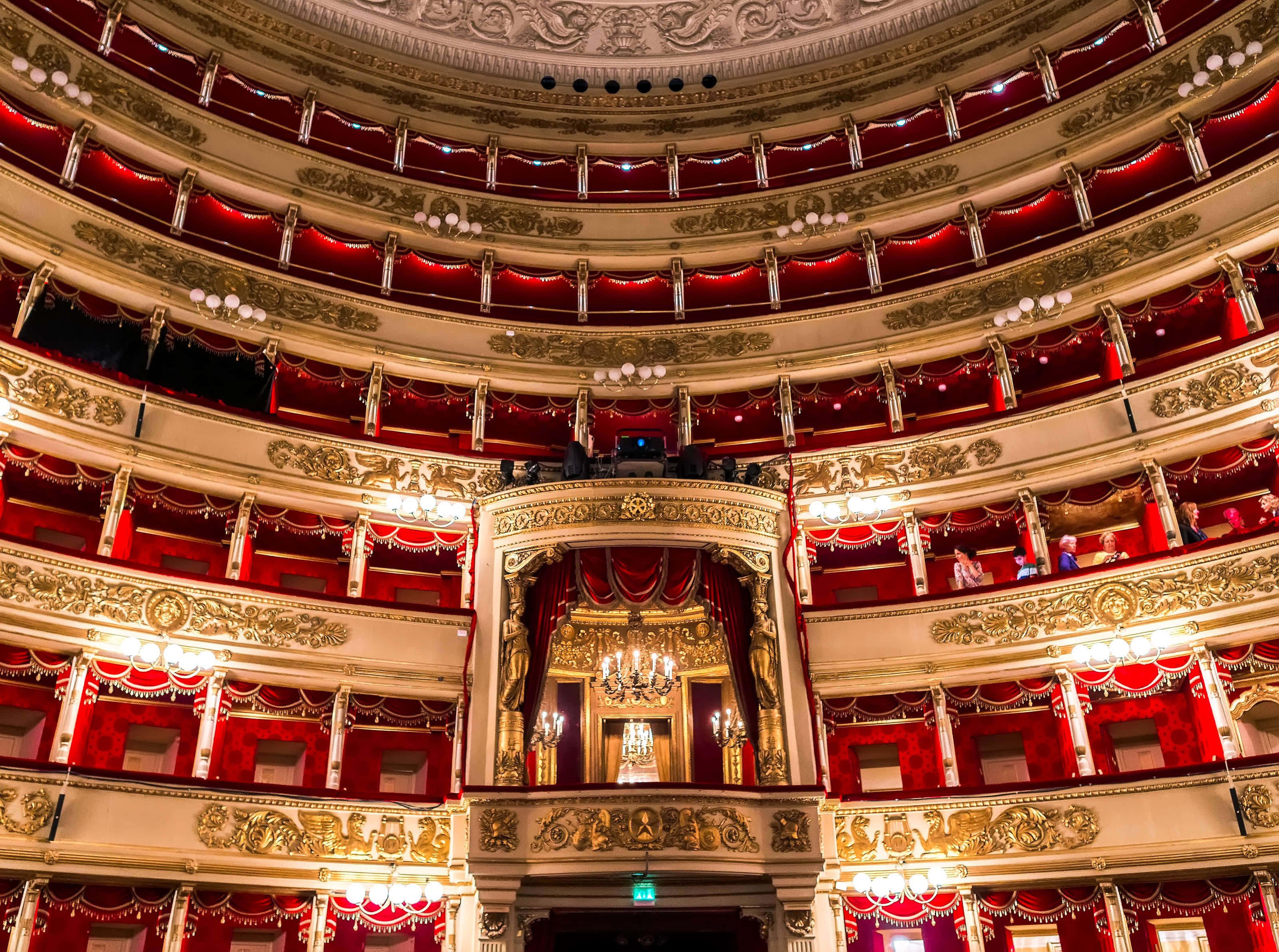 La Scala Opera House, red velvet curtains, gold balconies, 2K Desktop Wallpaper
