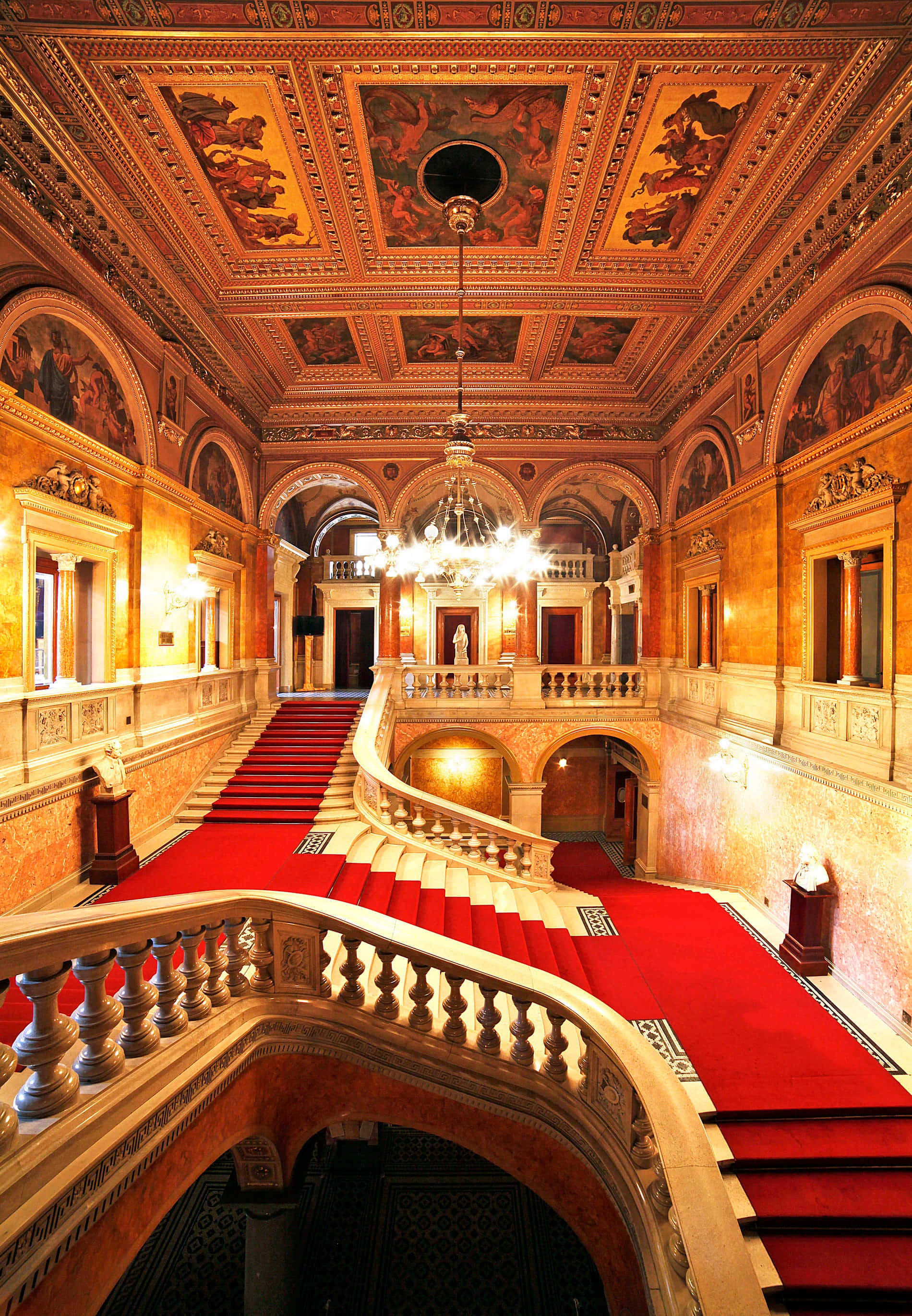La Scala Opera House, red carpet, ornate staircase, 2K Phone Wallpaper