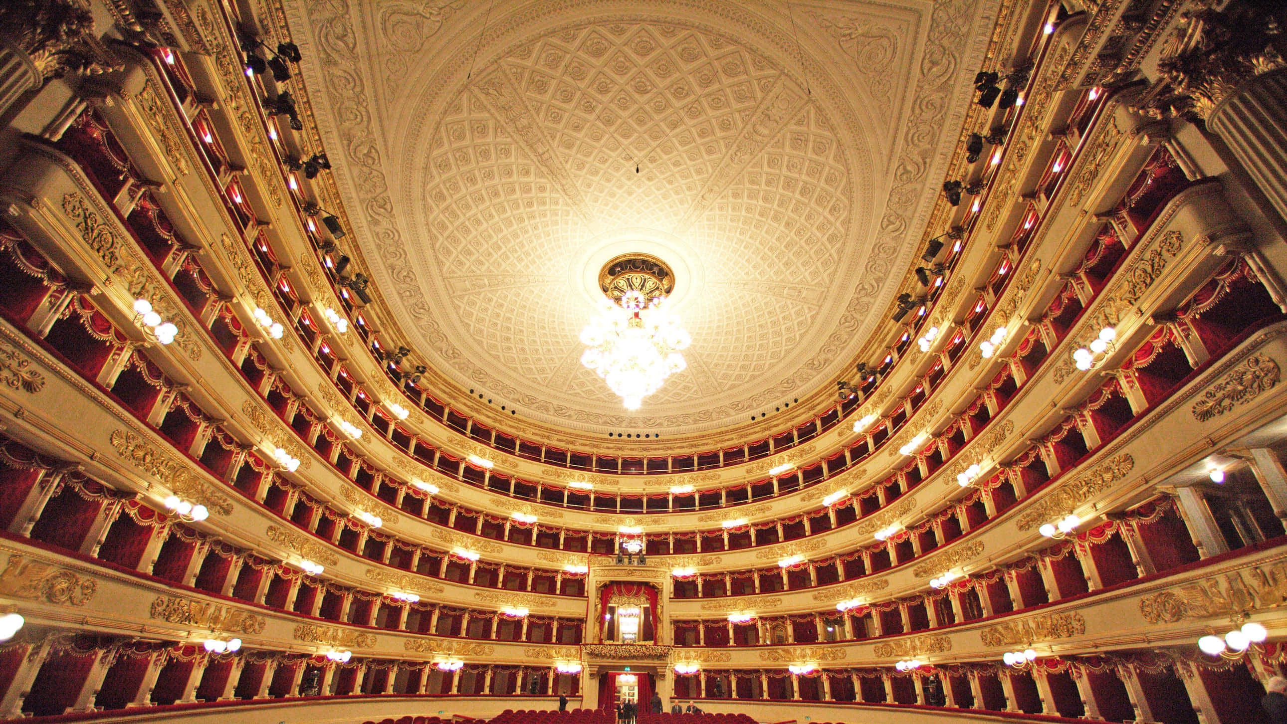La Scala Opera House, gold interior, golden balconies, 2K Desktop Wallpaper