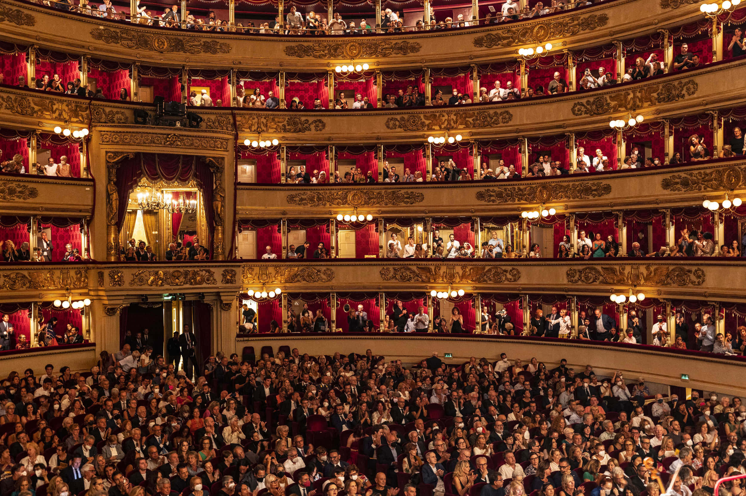 La Scala Opera House, ornate balconies, red velvet curtains, Full HD Desktop Wallpaper