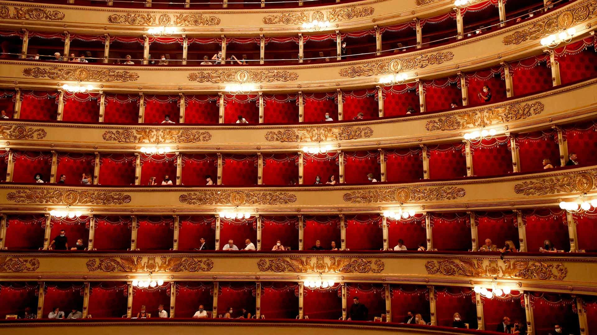 La Scala Opera House, red velvet seats, ornate gold balconies, Full HD Desktop Wallpaper