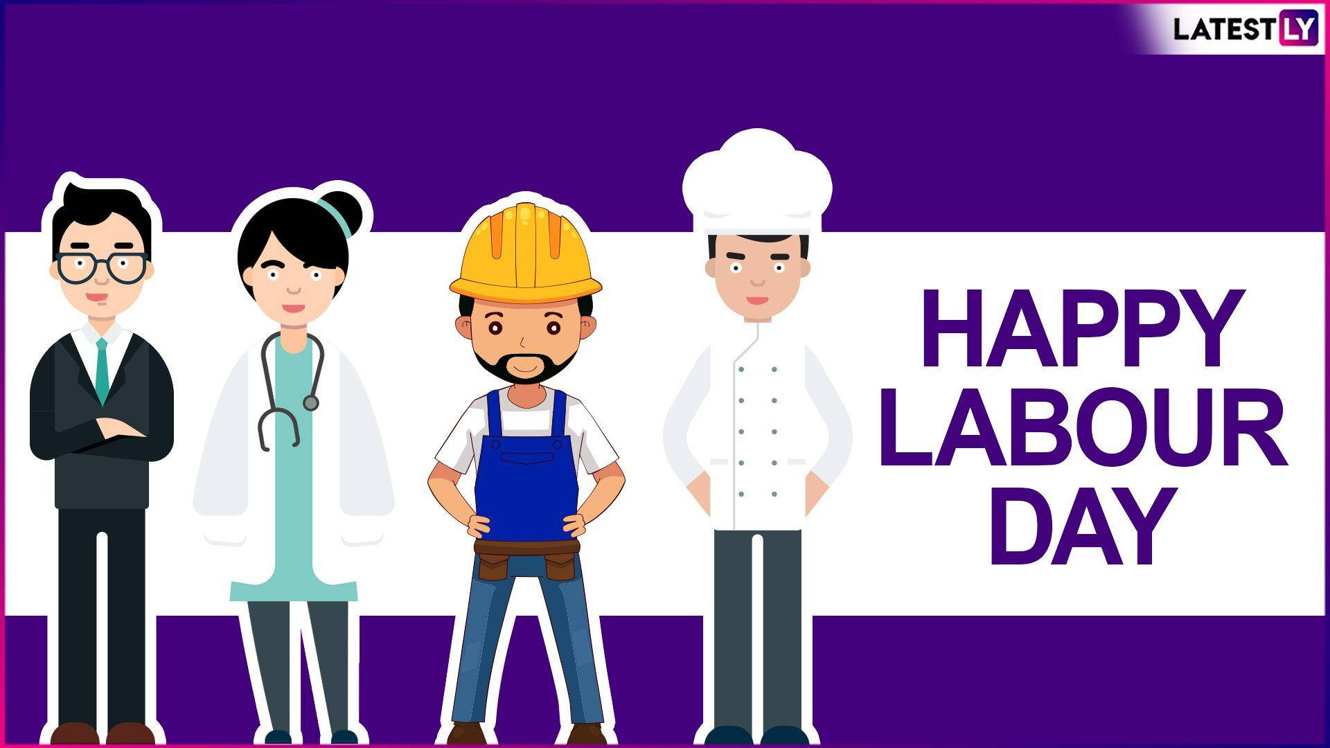 Happy Labour Day, purple and white background, cartoon workers, Full HD Desktop Wallpaper