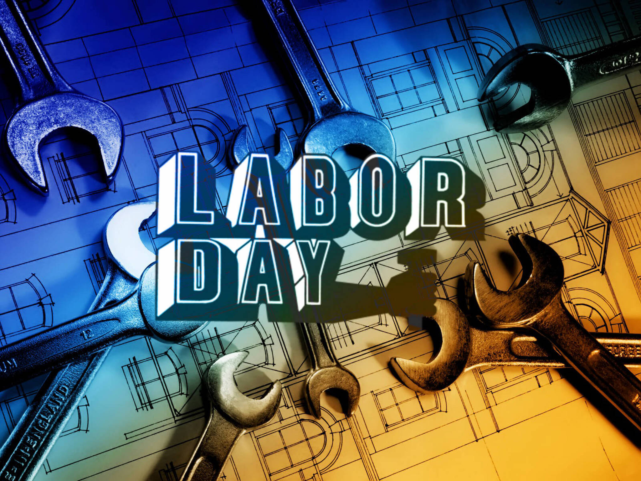 Labor Day, 3d letters, blue and gold blueprint paper, Full HD Desktop Wallpaper
