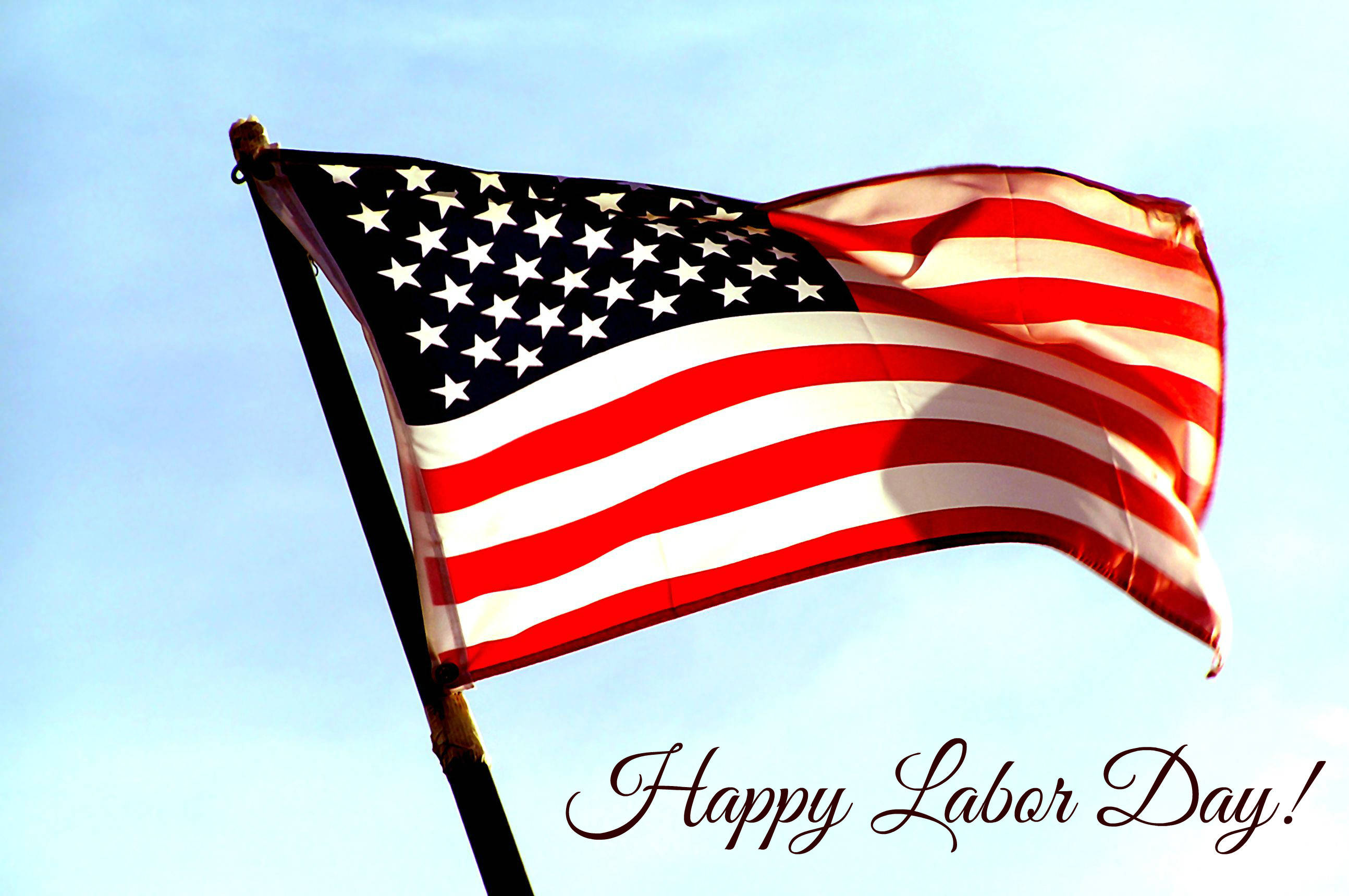 American flag, Happy Labor Day!, clear blue sky, 2K Desktop Wallpaper