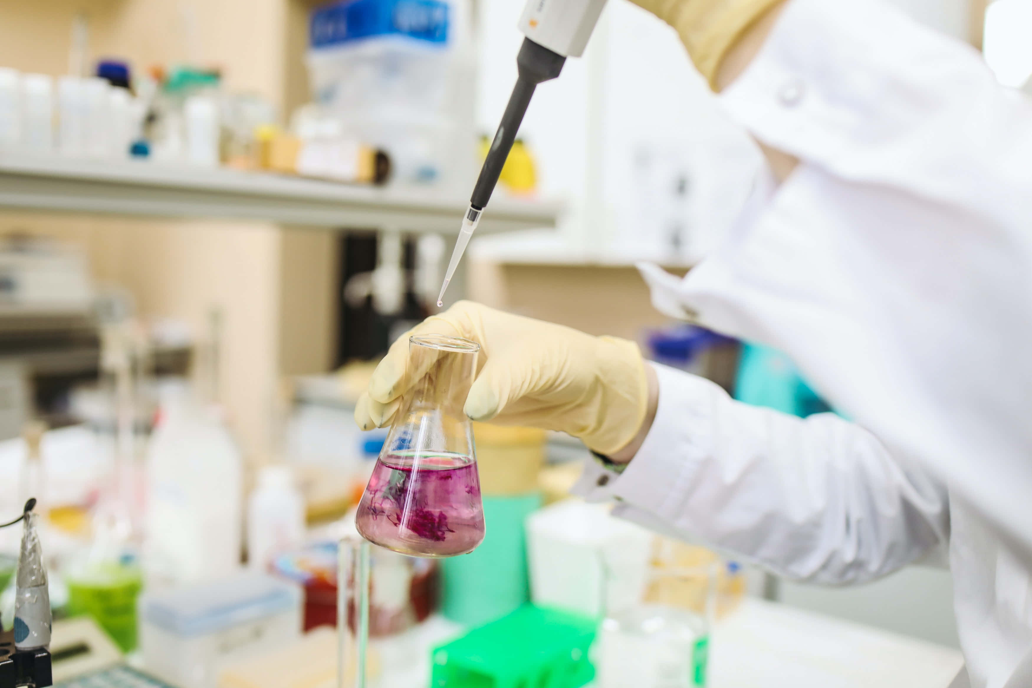 laboratory, purple liquid, conical flask, 2K Desktop Wallpaper