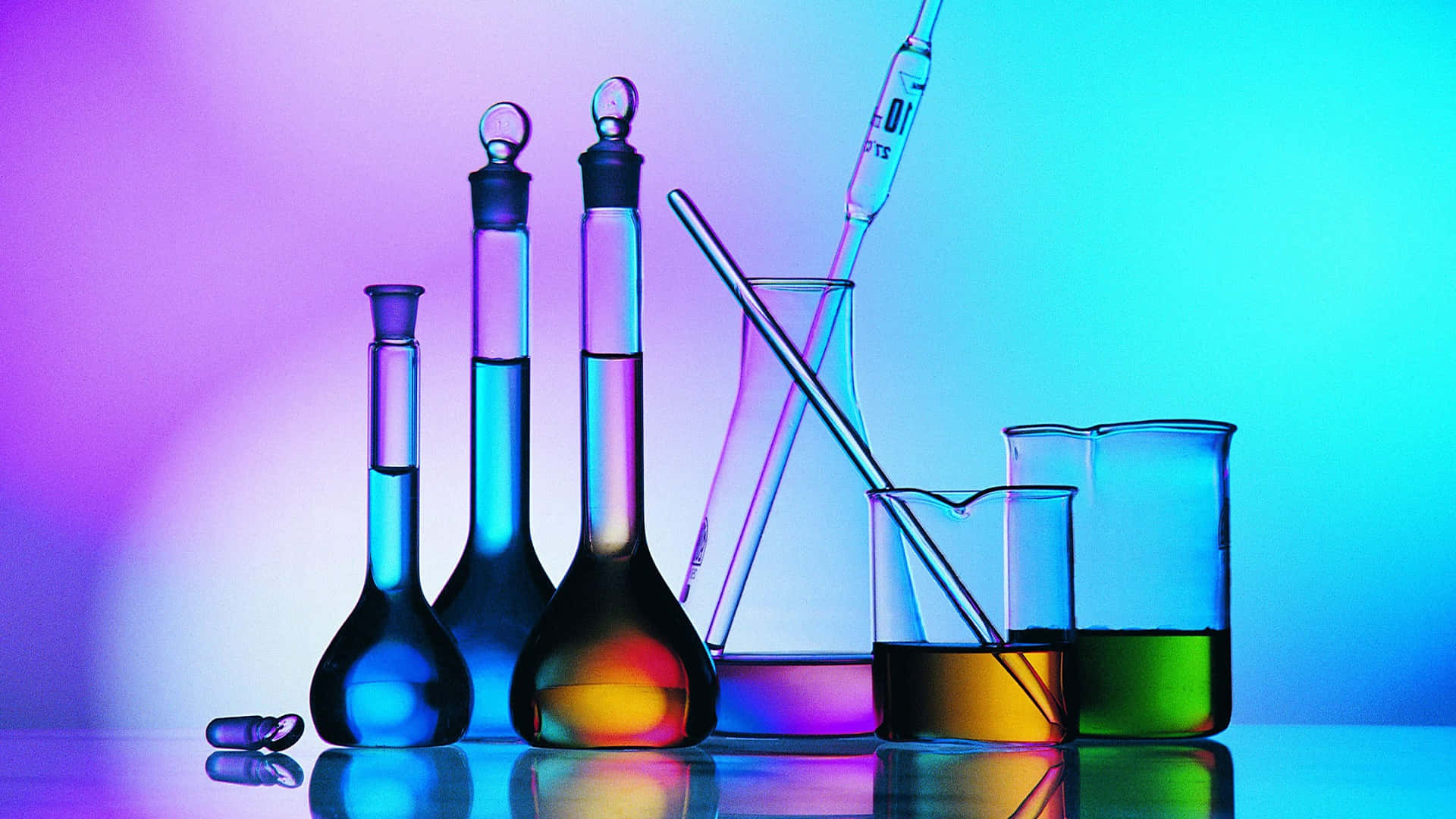laboratory instruments, glowing liquids, gradient purple and blue background, Full HD Desktop Wallpaper