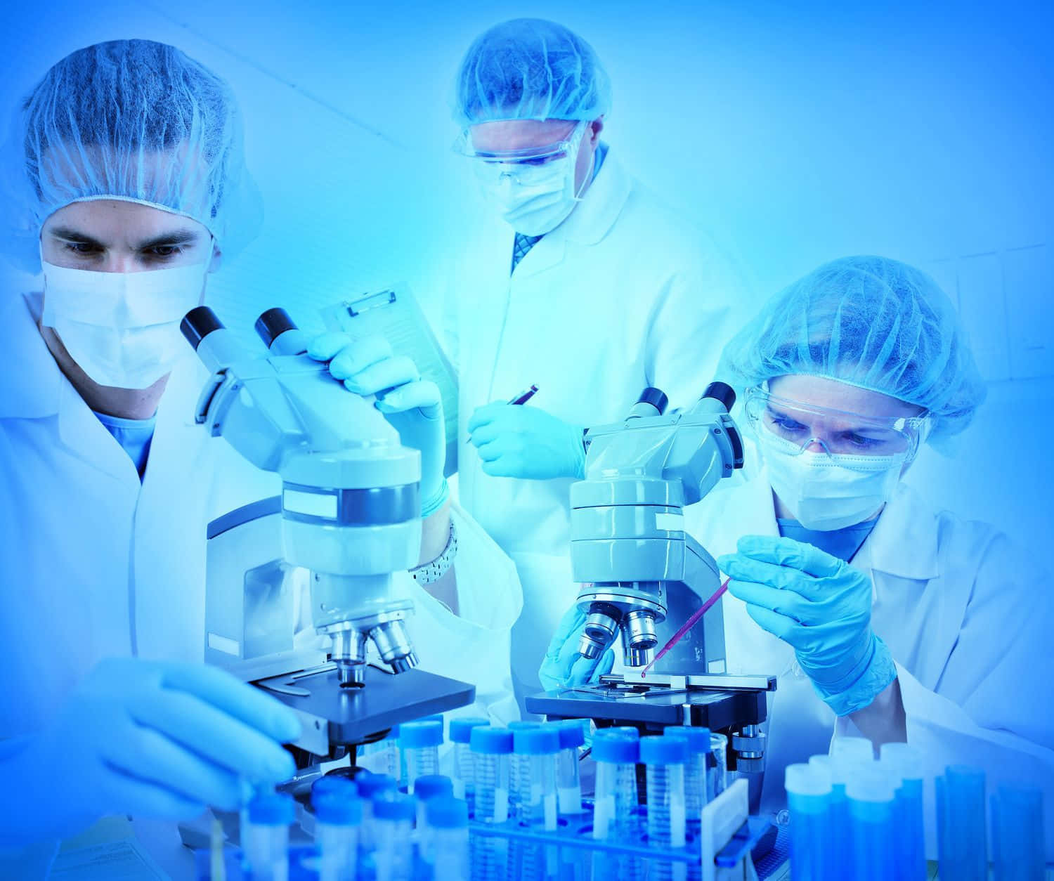 Laboratory, three scientists, white coats, HD Desktop Wallpaper
