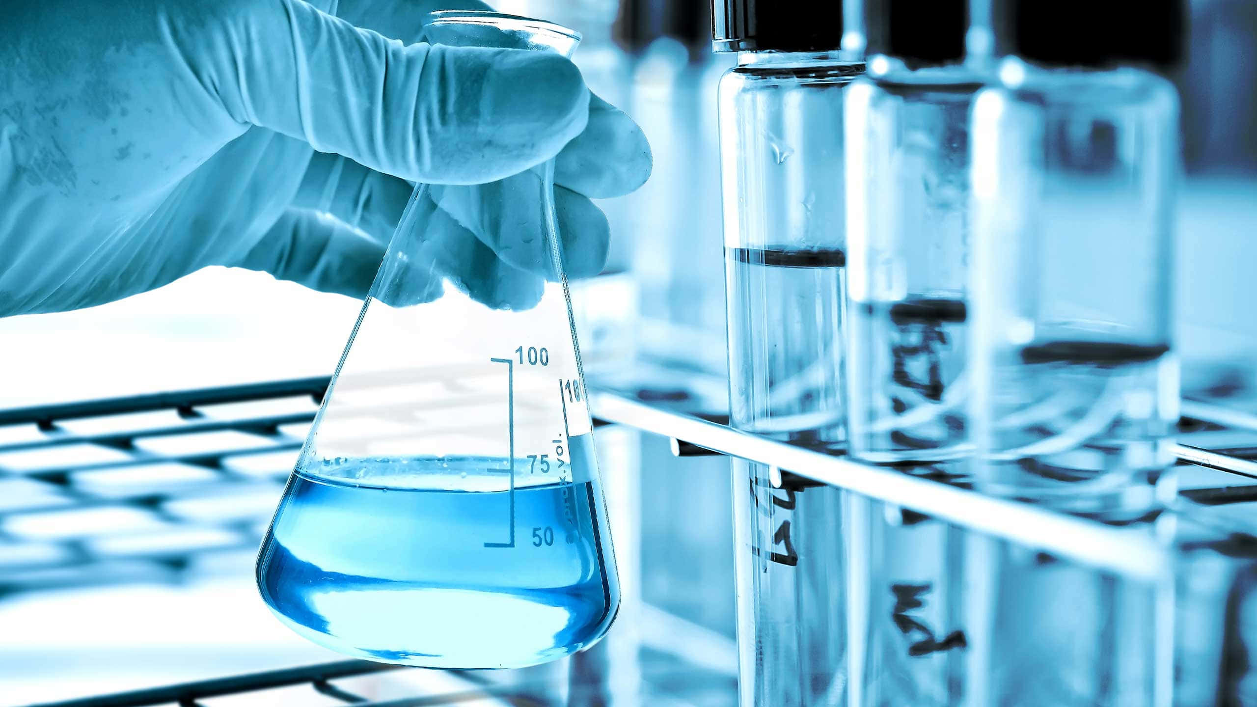 laboratory, blue liquid, conical flask, 2K Desktop Wallpaper